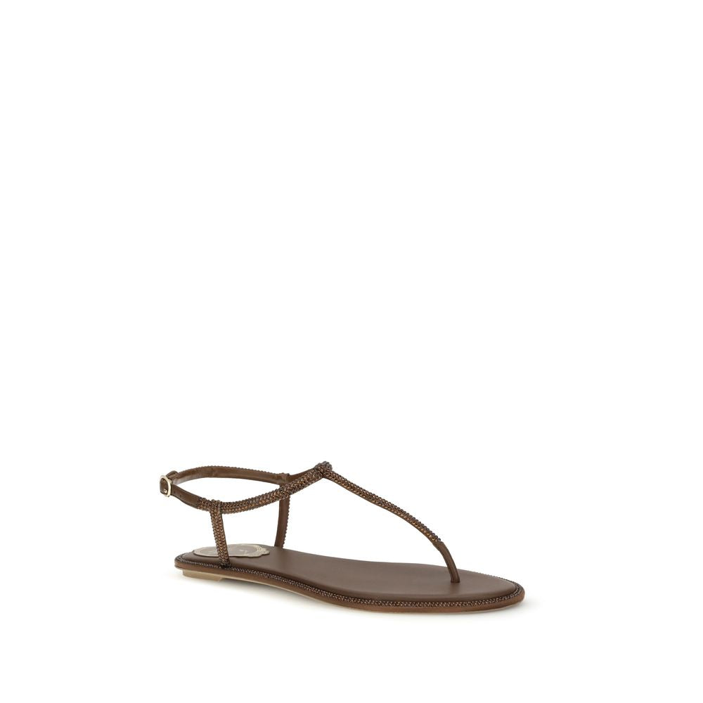 RENE CAOVILLA Braune Satin-Sandalen mit flachem Absatz