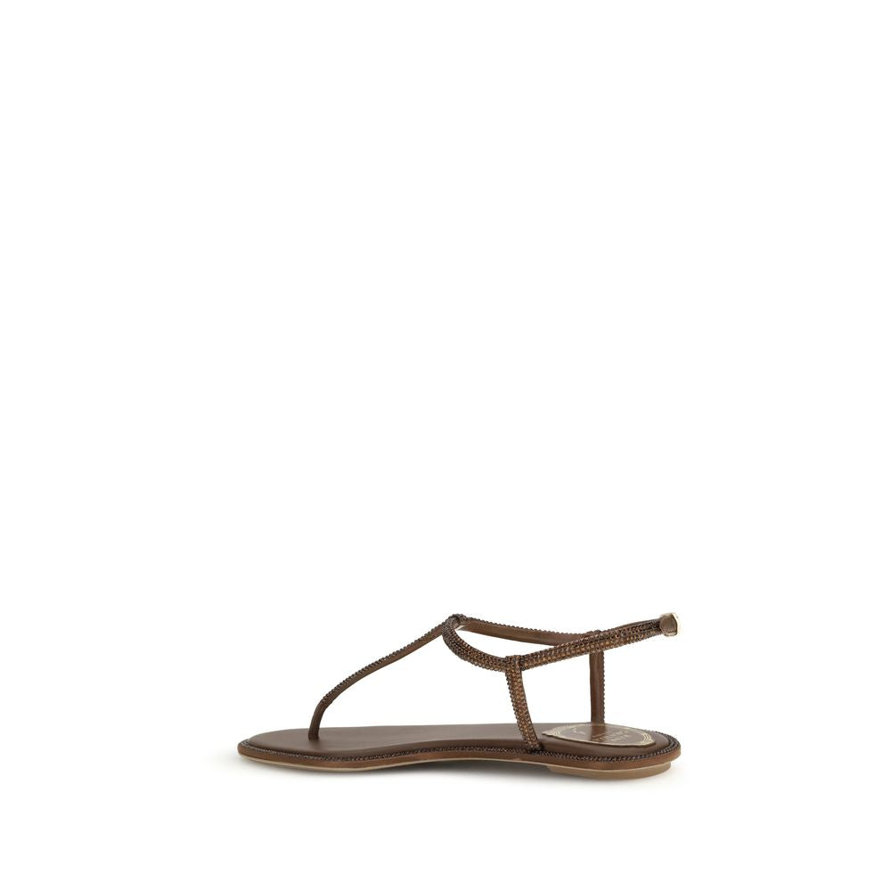 RENE CAOVILLA Braune Satin-Sandalen mit flachem Absatz