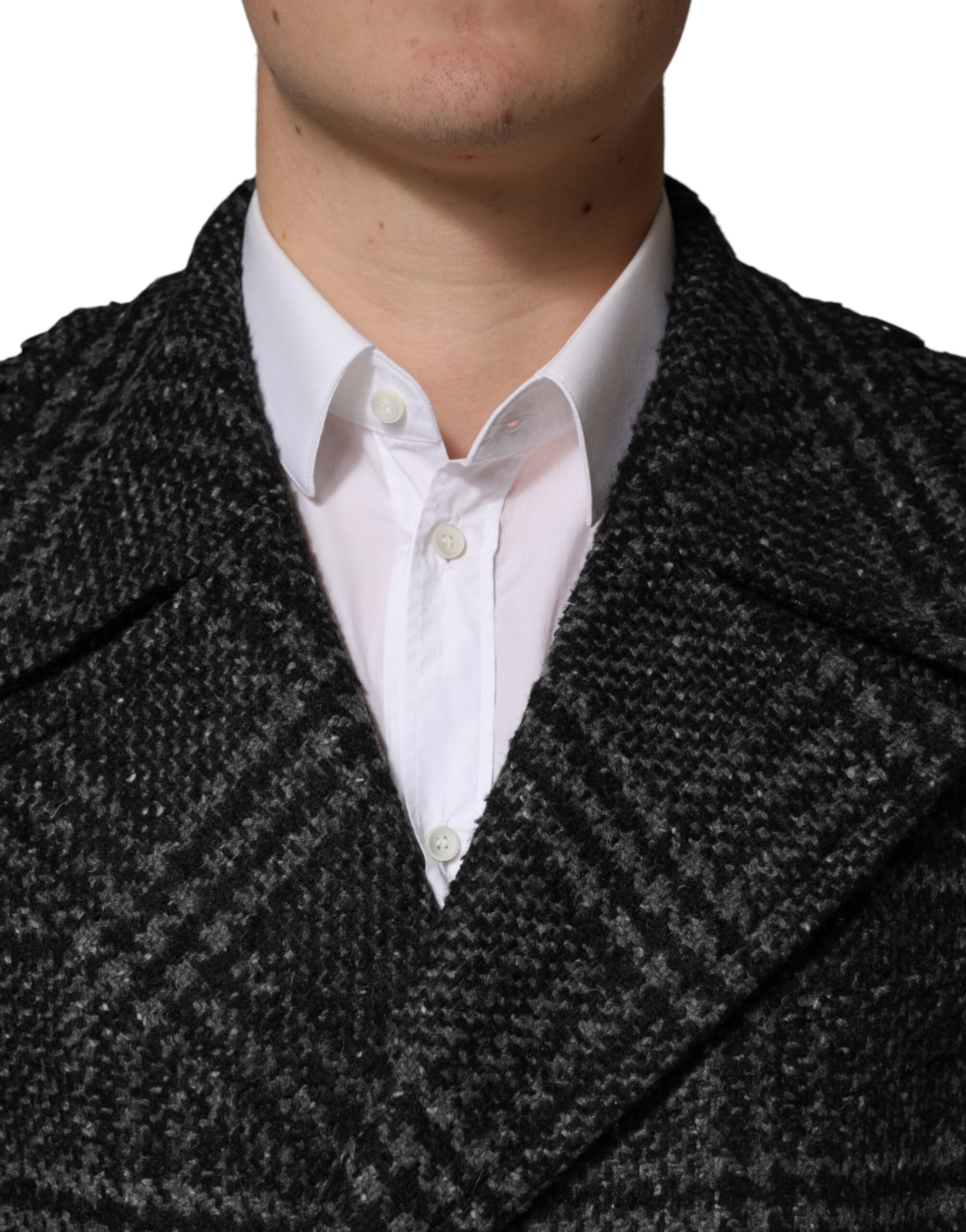Dolce & Gabbana Grauer Zweireihiger Wollmantel mit Karomuster
