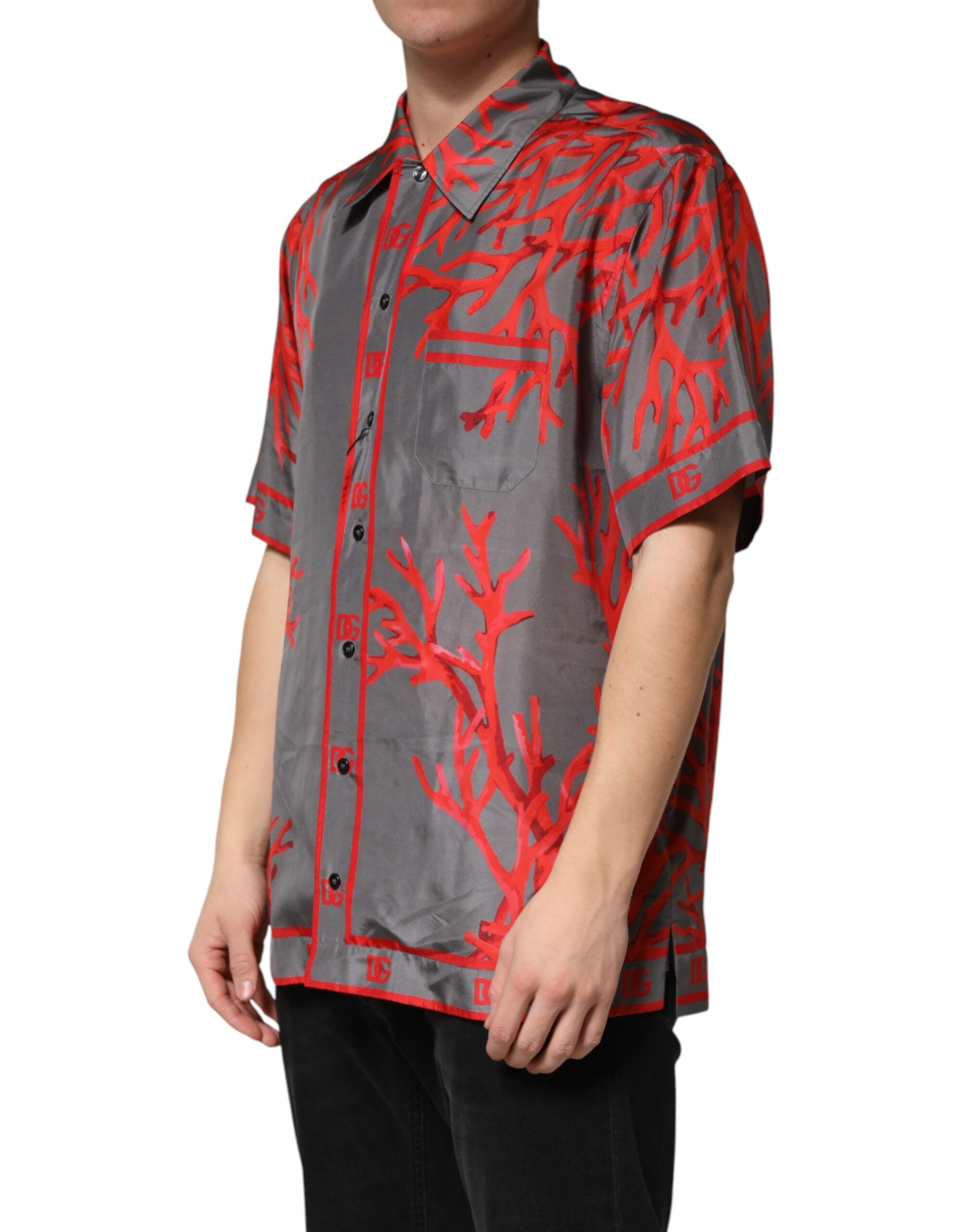 Dolce & Gabbana Graues Kurzarm-Hemd mit roten Korallen-Print