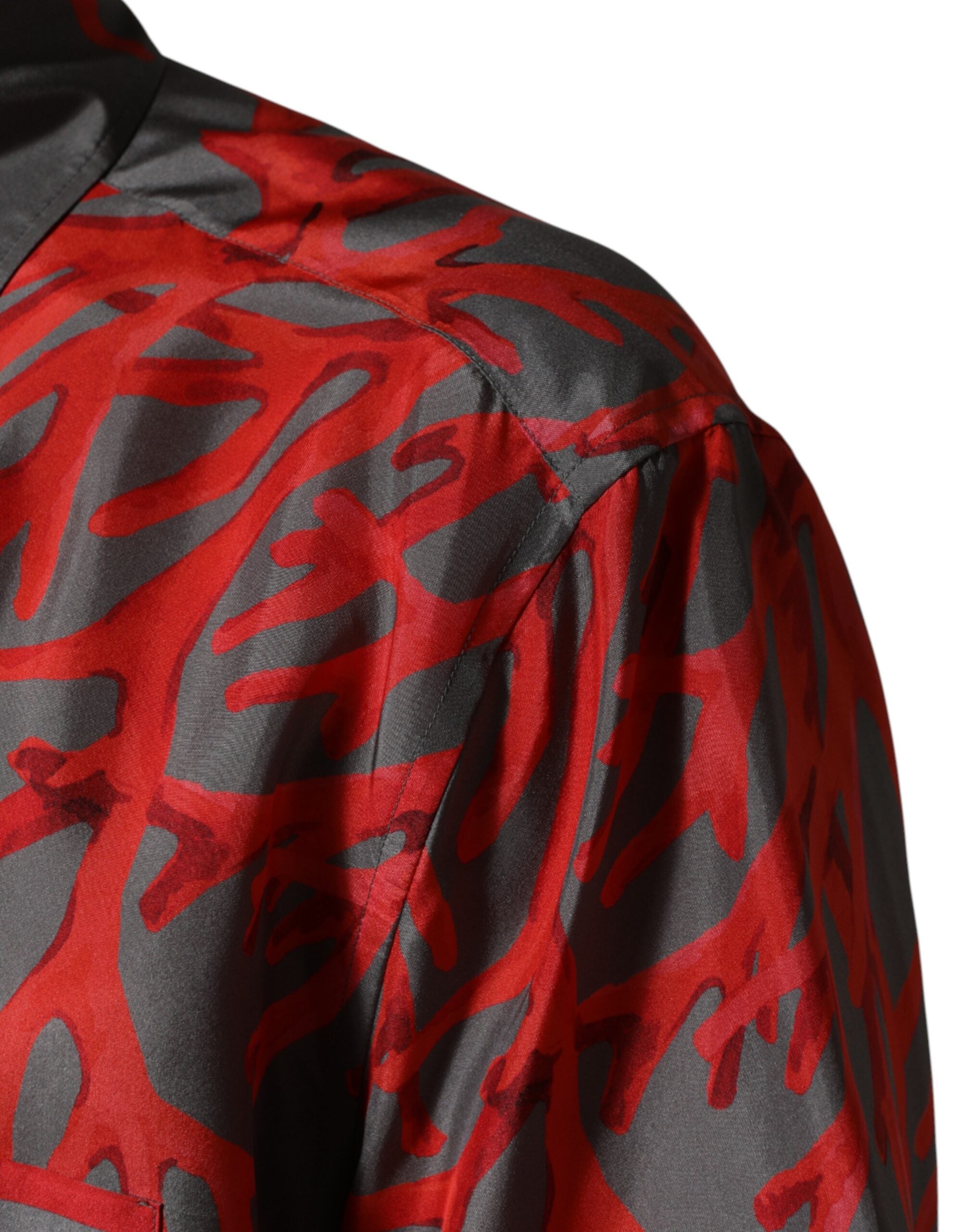 Dolce & Gabbana Graues Kurzarm-Hemd mit roten Korallen-Print