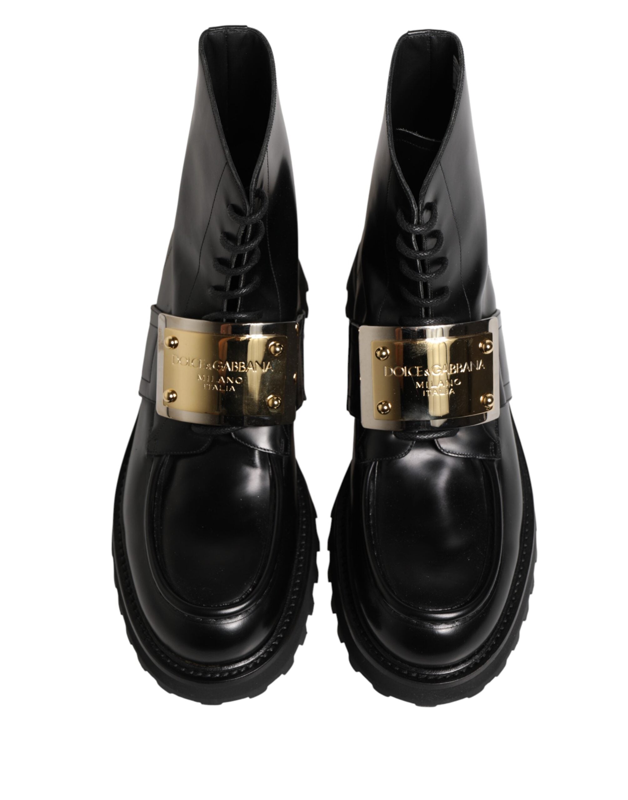 Dolce & Gabbana Schwarze Leder DG Plaque Schnürstiefel Schuhe