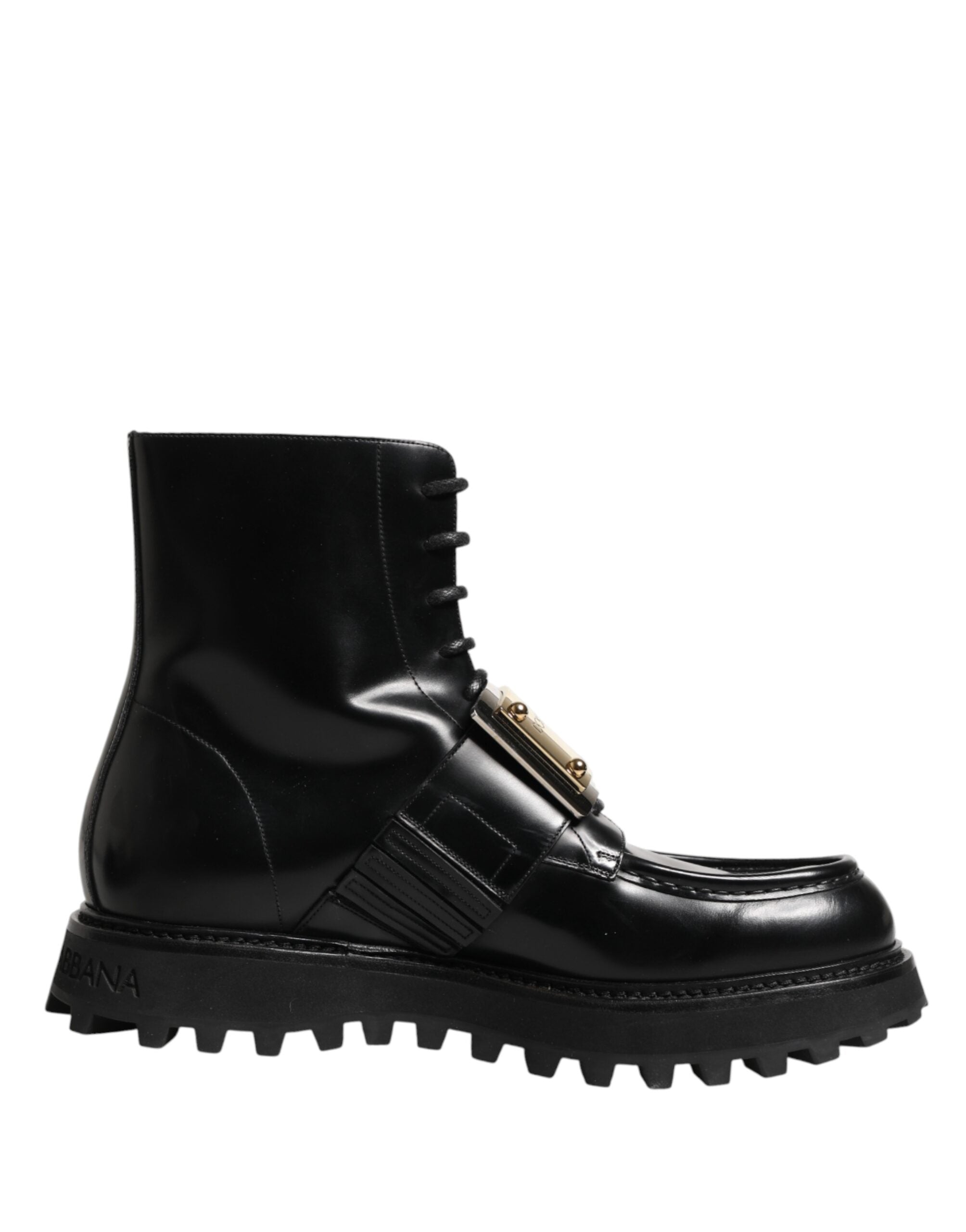 Dolce & Gabbana Schwarze Leder DG Plaque Schnürstiefel Schuhe