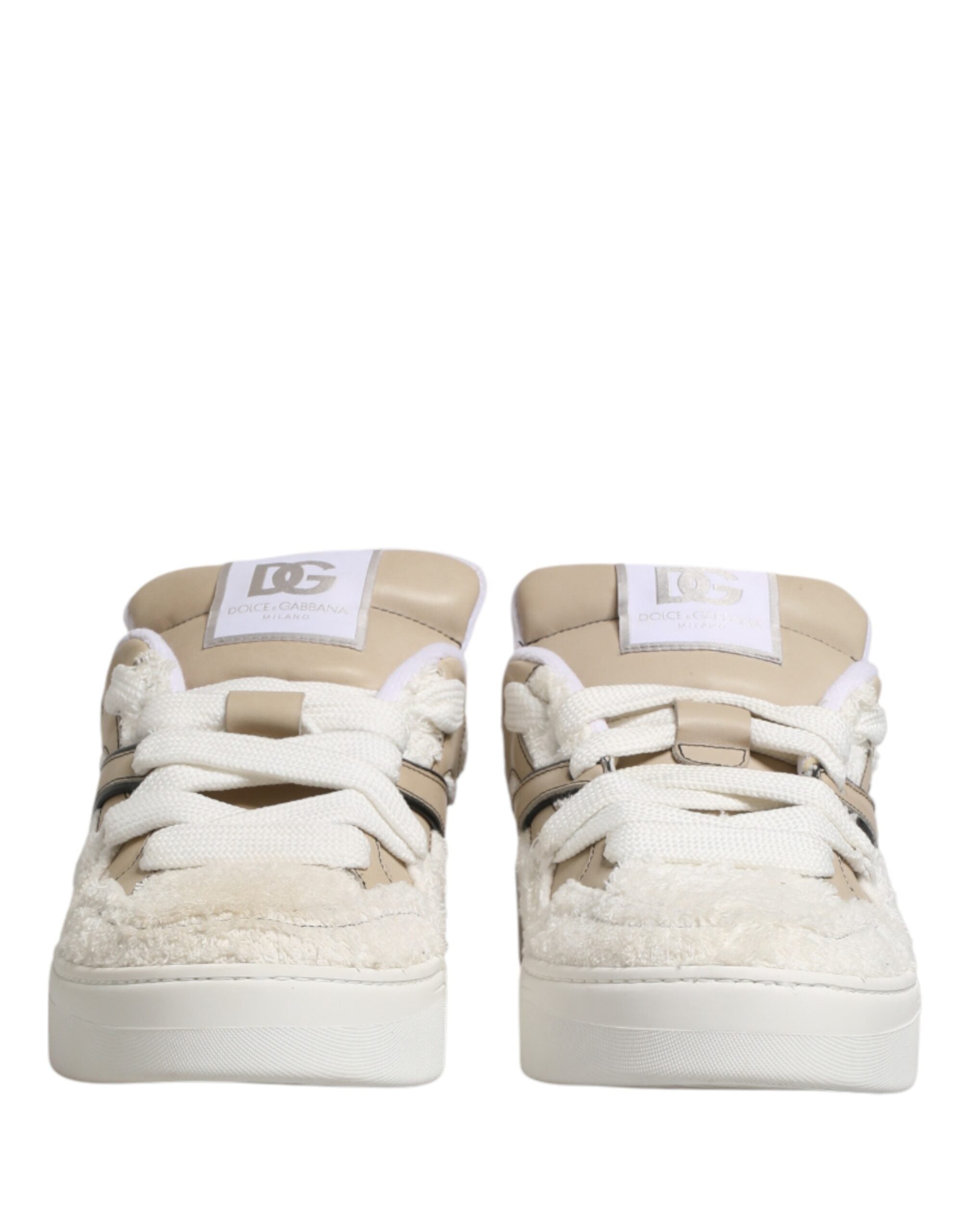 Dolce & Gabbana Weiße Beige Kunstlammfell Sneaker Niedrige Schnürschuhe