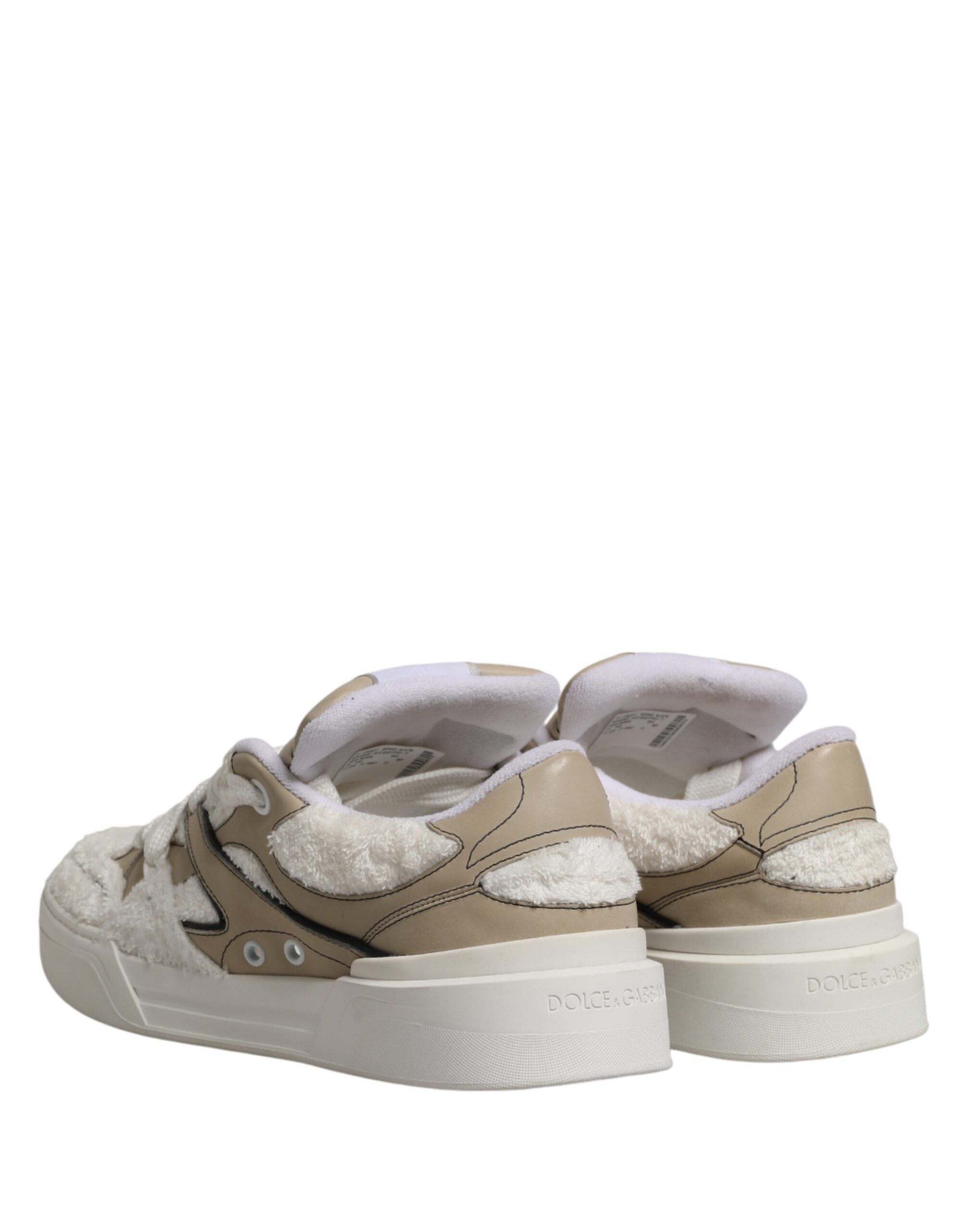 Dolce & Gabbana Weiße Beige Kunstlammfell Sneaker Niedrige Schnürschuhe