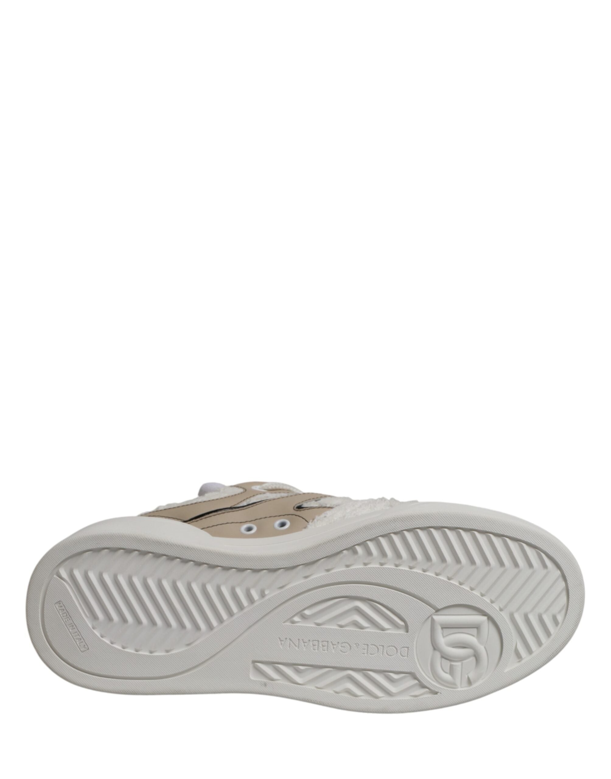 Dolce & Gabbana Weiße Beige Kunstlammfell Sneaker Niedrige Schnürschuhe