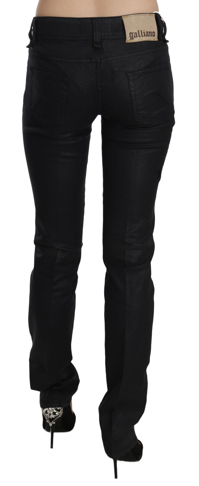 John Galliano Schwarze Schwanenblumen-Stickerei, Mid-Waist Skinny Denim Jeans