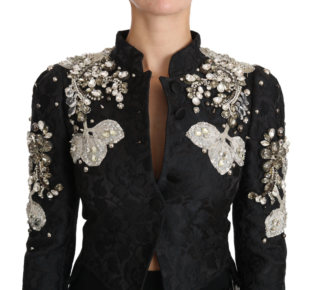 Dolce & Gabbana Schwarze Jacquard-Kristalljacke mit Blumenmuster