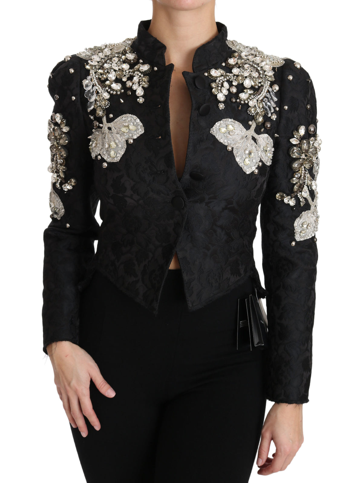 Dolce & Gabbana Schwarze Jacquard-Kristalljacke mit Blumenmuster