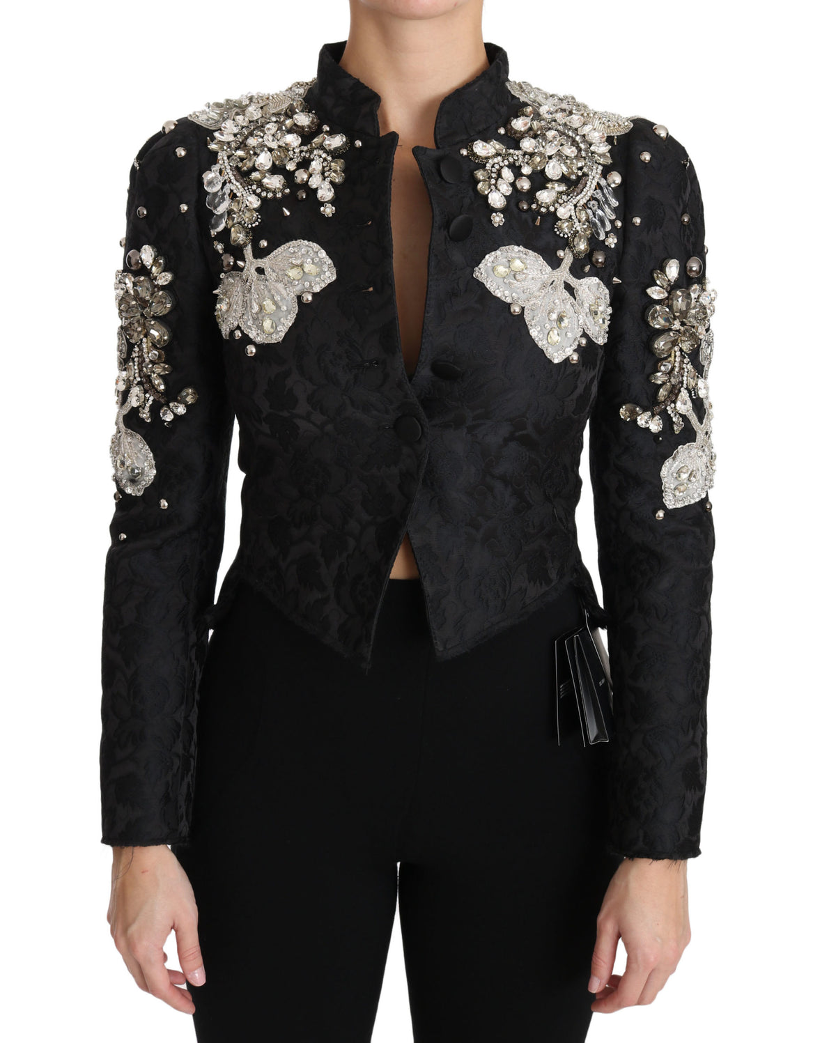 Dolce & Gabbana Schwarze Jacquard-Kristalljacke mit Blumenmuster
