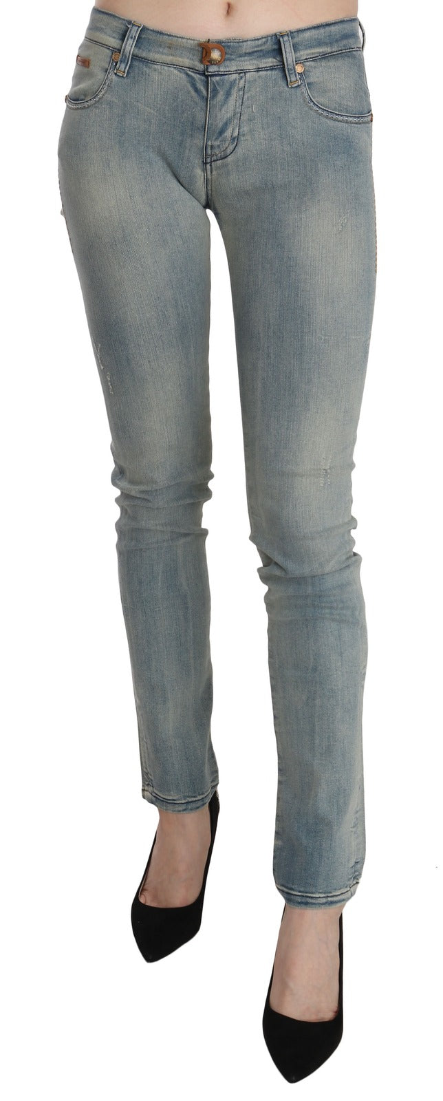 PLEIN SUD Hellblaue, gewaschene Skinny-Jeans mit mittlerer Taille