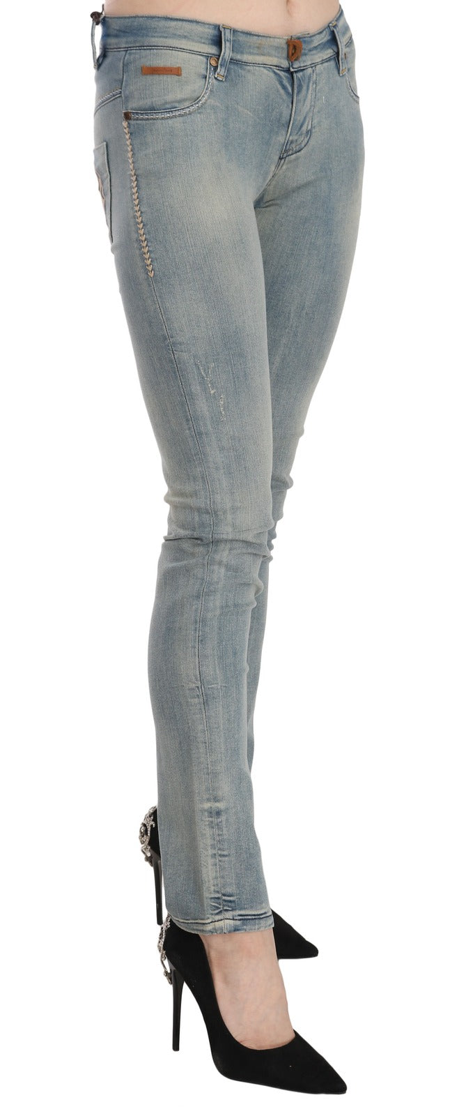PLEIN SUD Hellblaue, gewaschene Skinny-Jeans mit mittlerer Taille