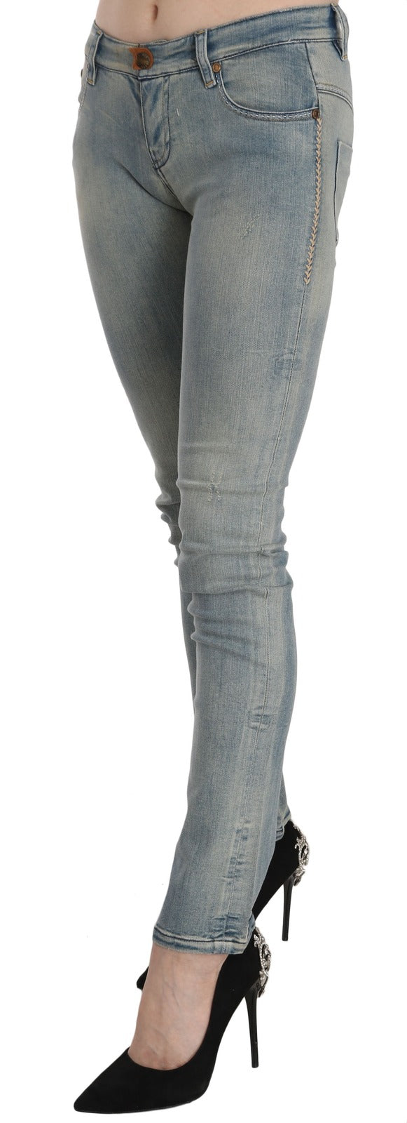 PLEIN SUD Hellblaue, gewaschene Skinny-Jeans mit mittlerer Taille