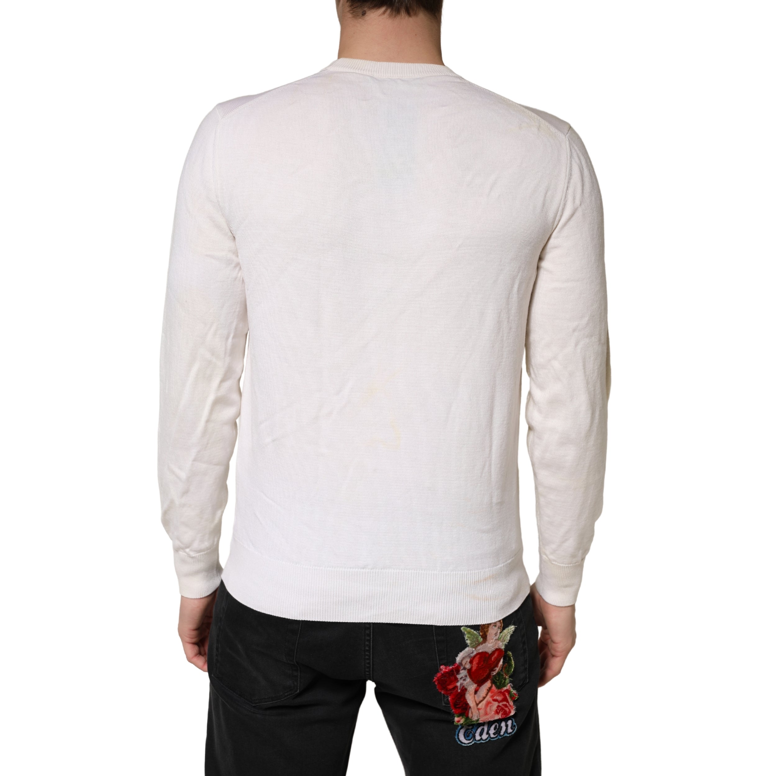 Dolce & Gabbana Weißer Wollpullover mit Grafiklogo-Rundhalsausschnitt aus reiner Schurwolle
