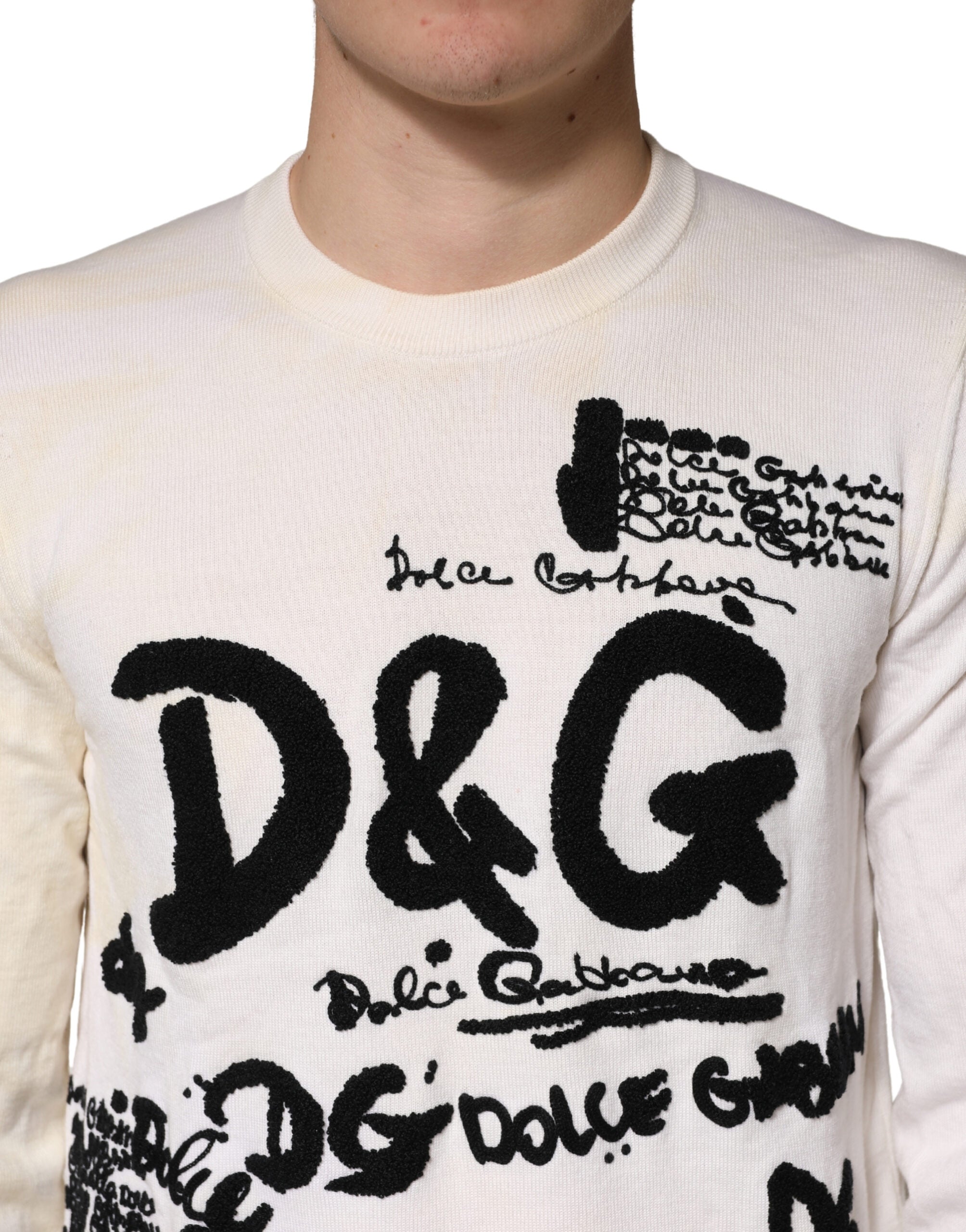 Dolce & Gabbana Weißer Wollpullover mit Grafiklogo-Rundhalsausschnitt aus reiner Schurwolle
