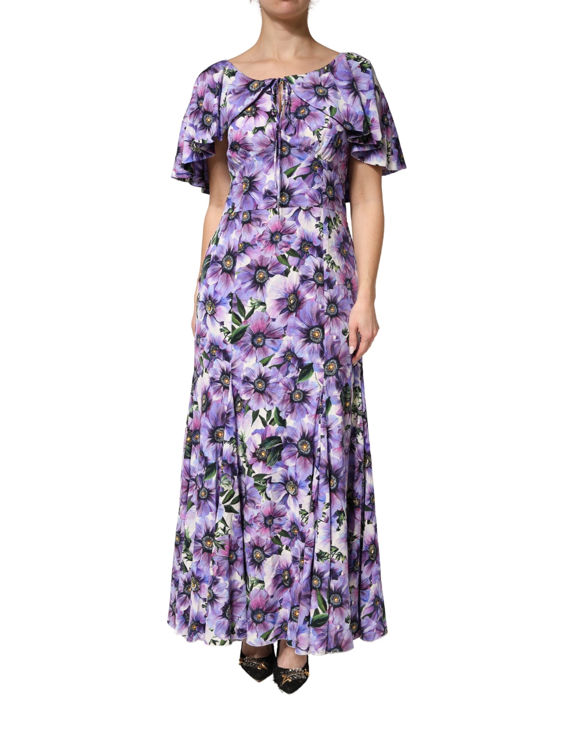 Dolce & Gabbana Elegantes bodenlanges Kleid aus violett-blumenbedecktem Stretch-Seidenstoff