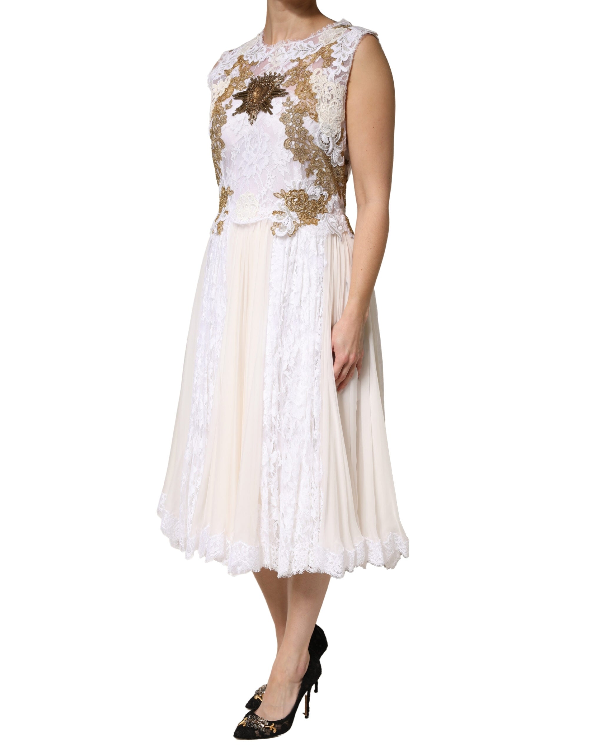 Dolce & Gabbana Elfenbeinfarbenes Seidenkleid mit Spitze und Verzierungen, ärmellos