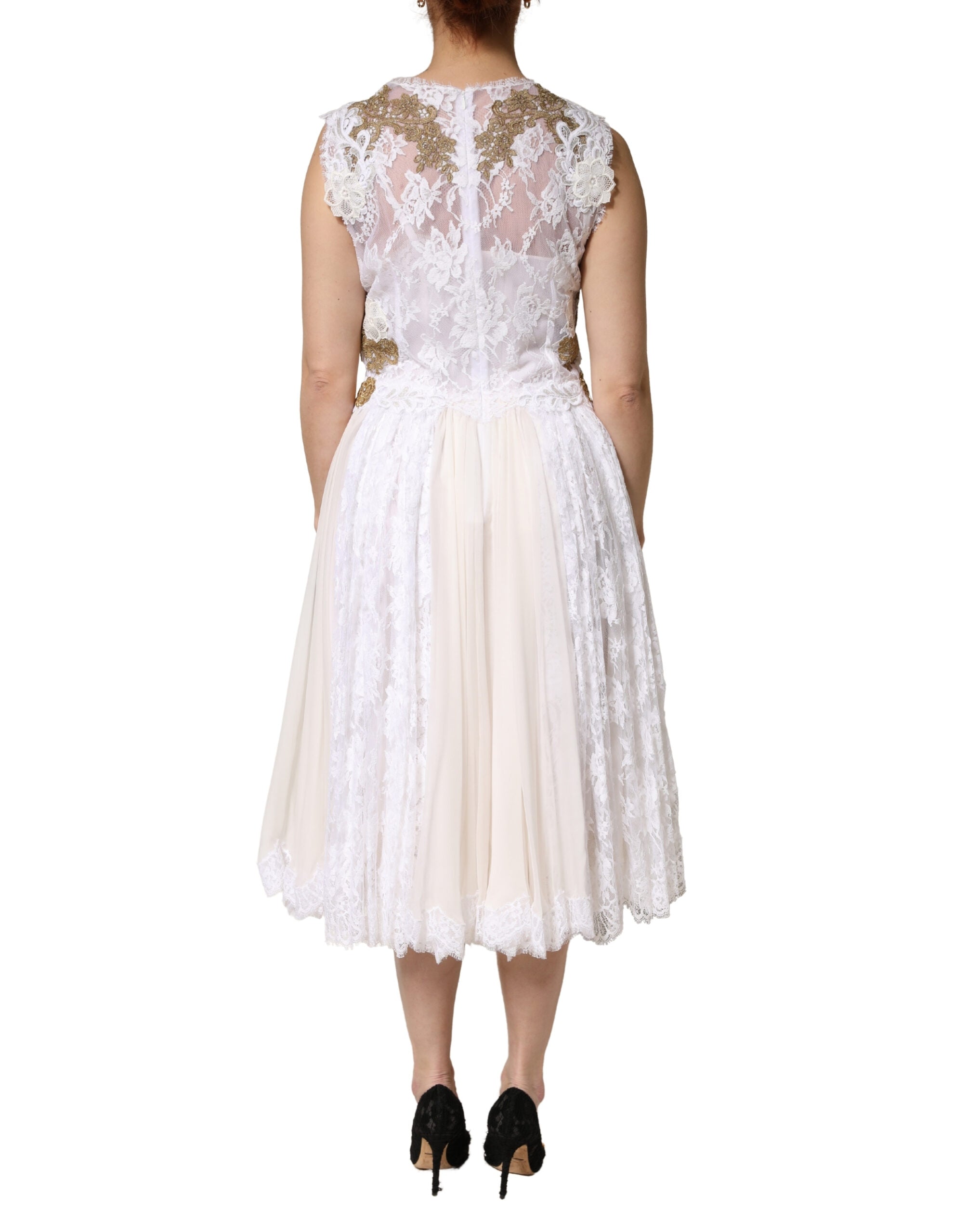 Dolce & Gabbana Elfenbeinfarbenes Seidenkleid mit Spitze und Verzierungen, ärmellos