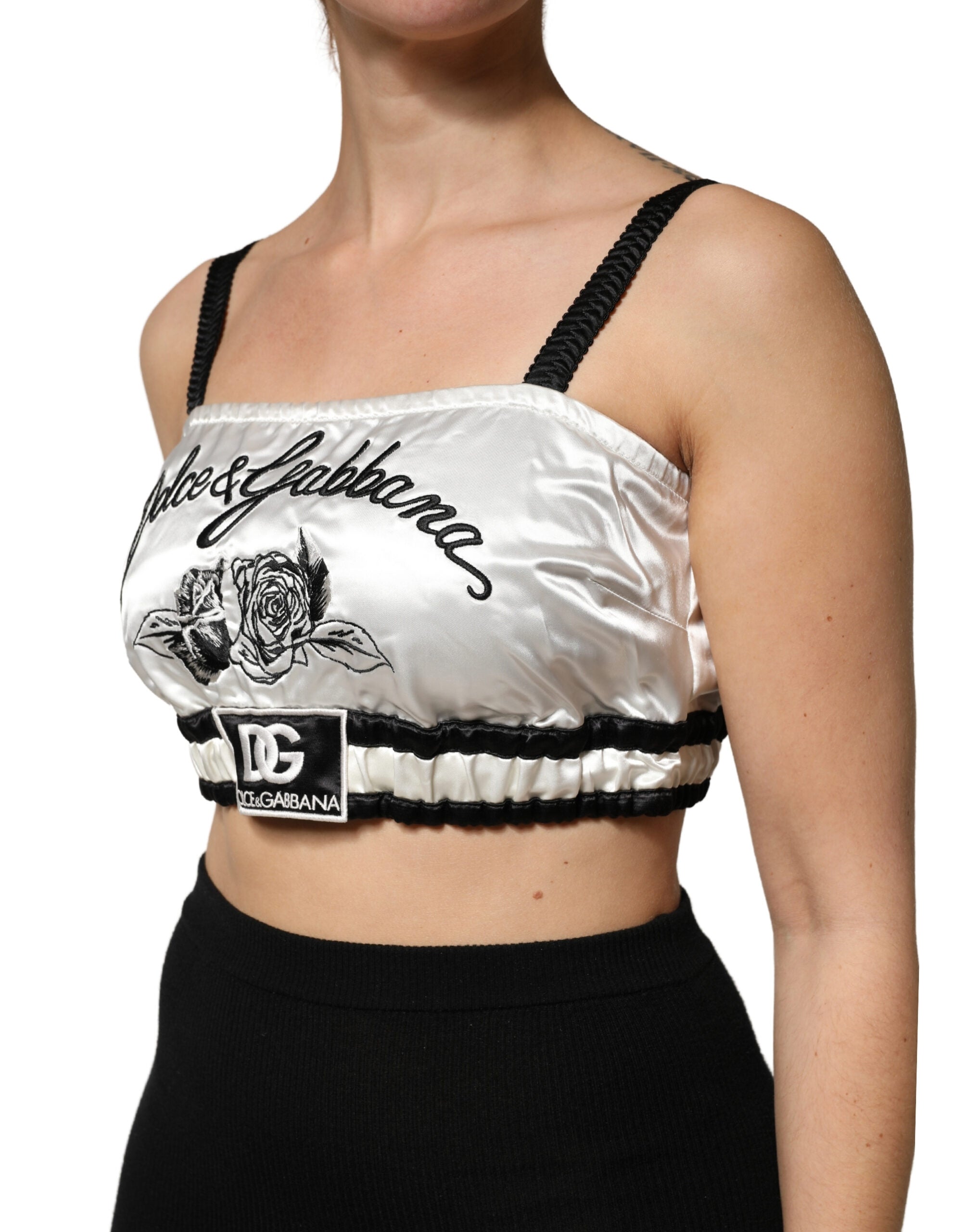 Dolce & Gabbana Weiße Seiden-Satin-Crop-Bralette mit schwarzem Logo