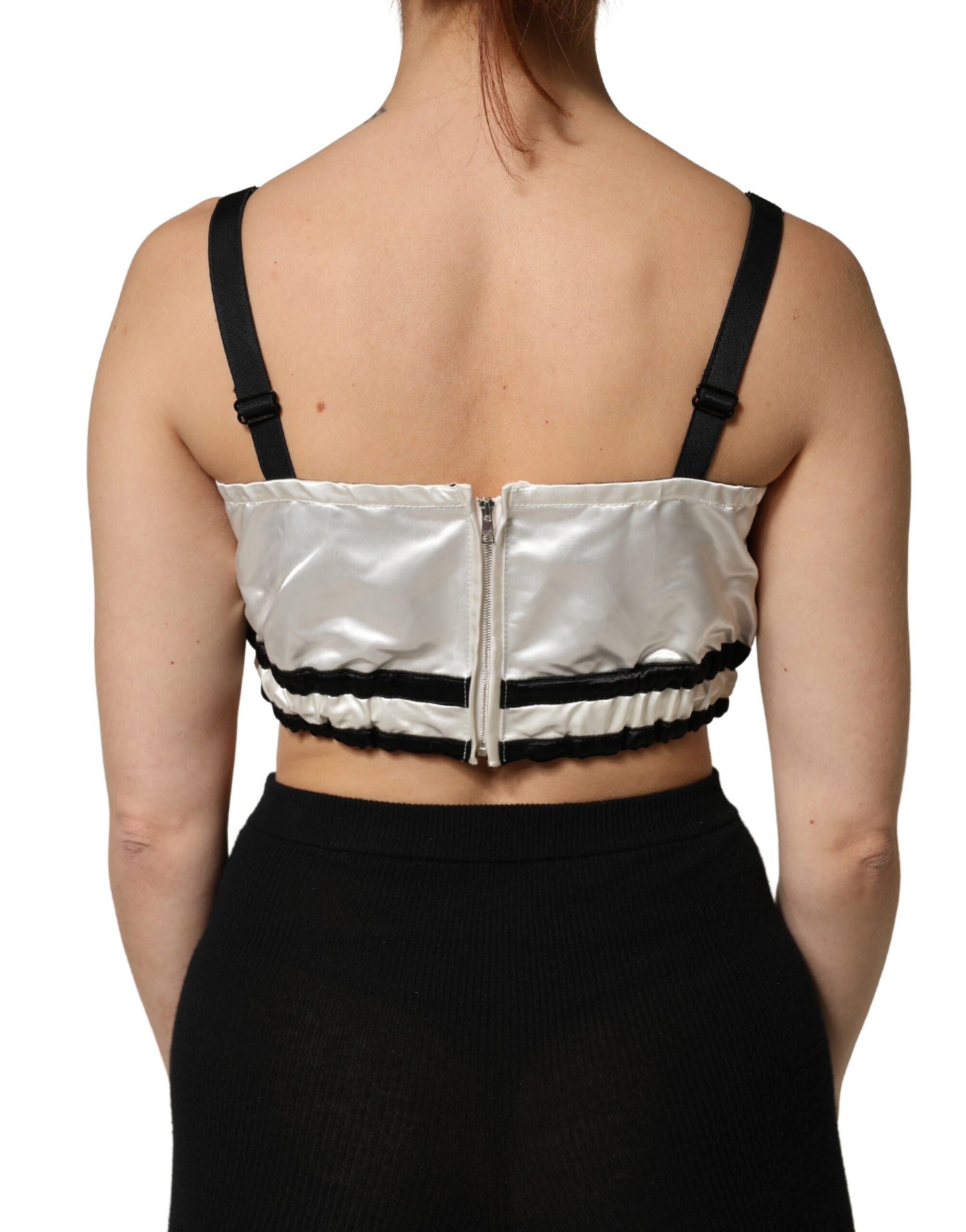 Dolce & Gabbana Weiße Seiden-Satin-Crop-Bralette mit schwarzem Logo