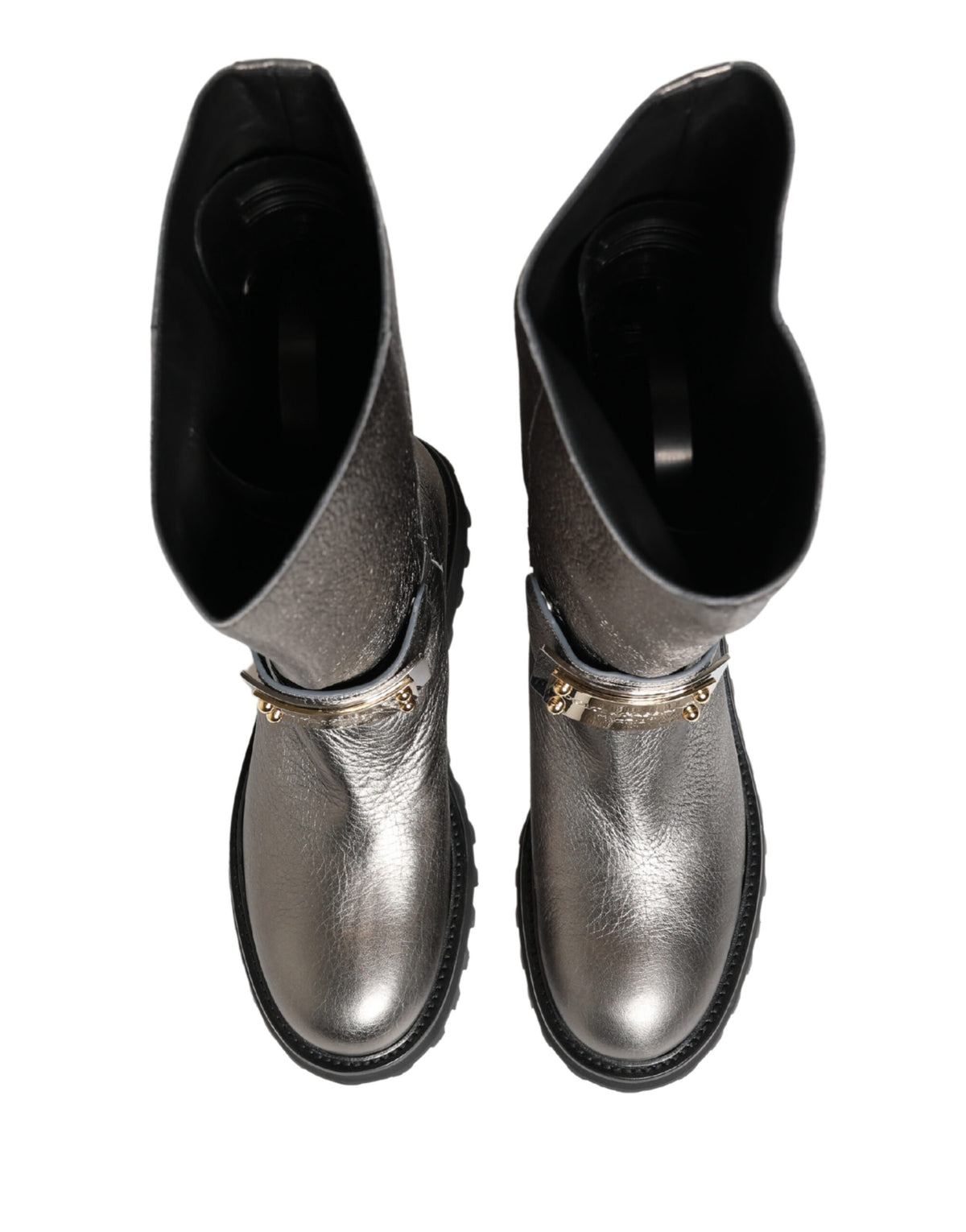 Dolce & Gabbana Metallic Silver Leather Mid Calf Boots Shoes