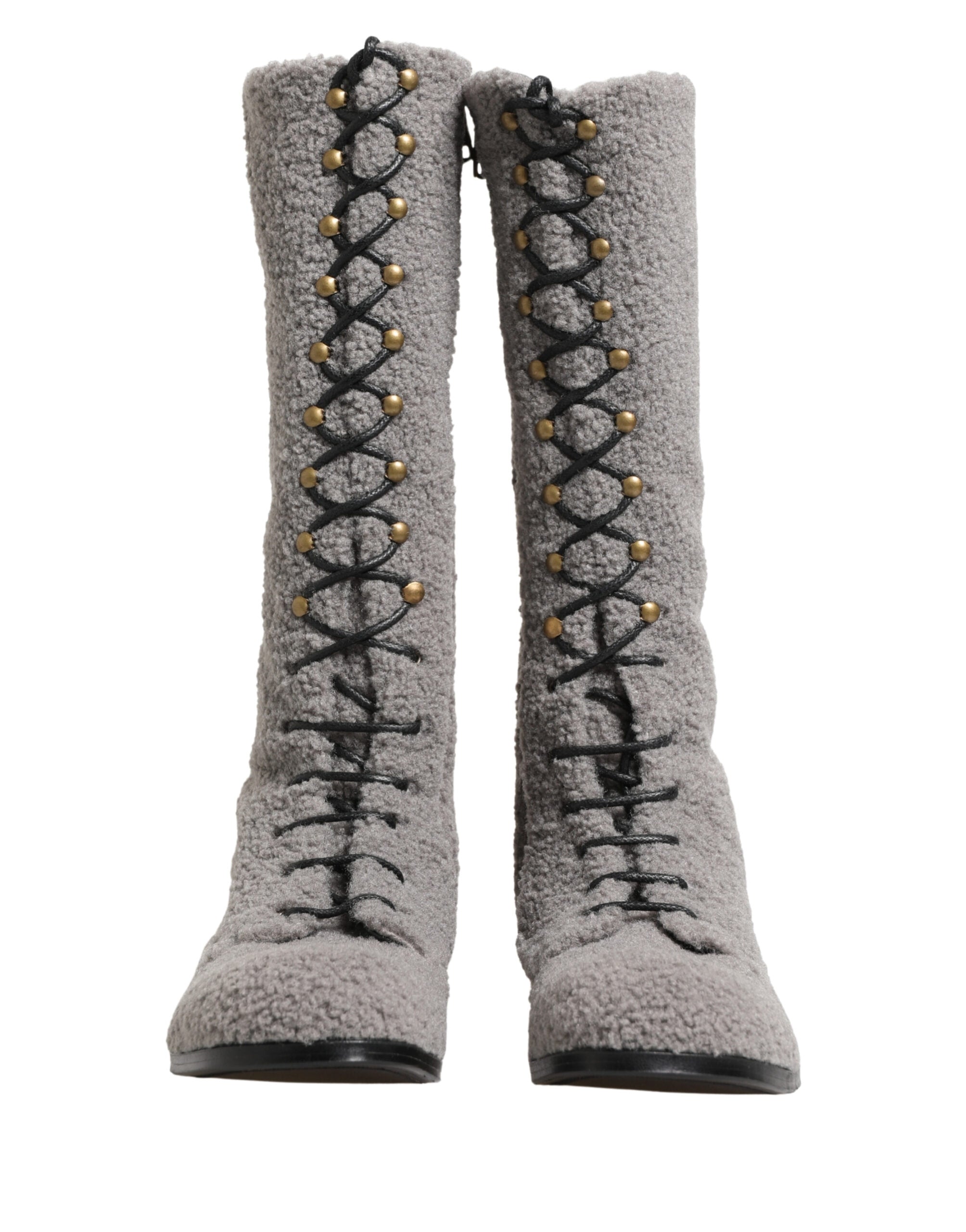 Dolce & Gabbana Graue Shearling Schnürstiefel bis zum Knie