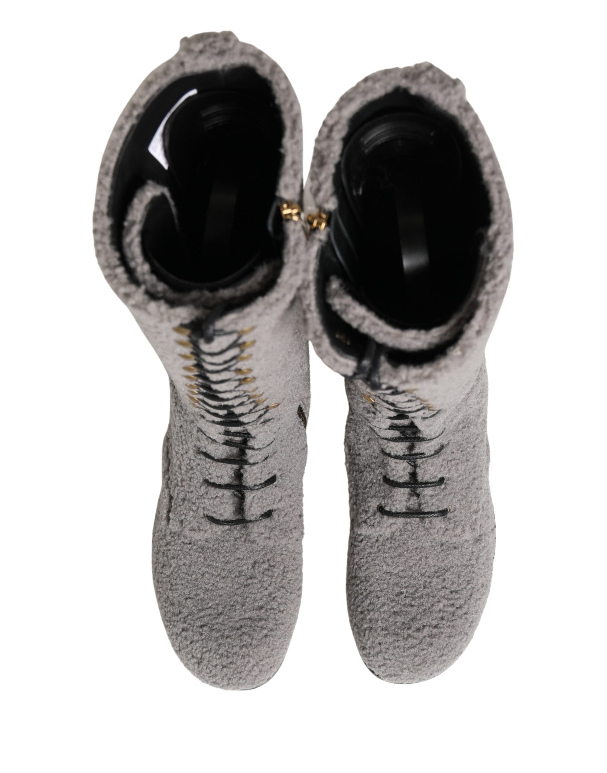 Dolce & Gabbana Graue Shearling Schnürstiefel bis zum Knie