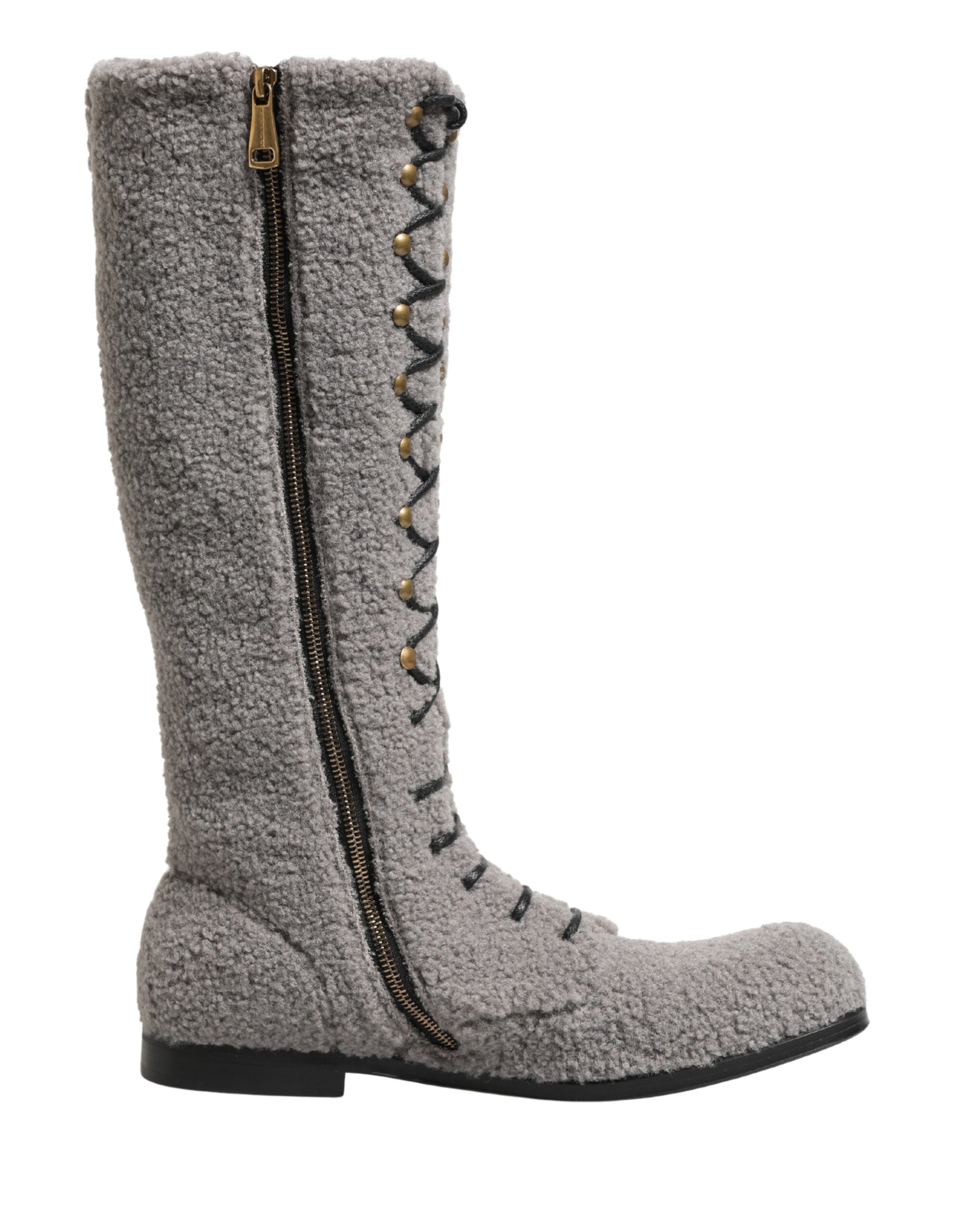 Dolce & Gabbana Graue Shearling Schnürstiefel bis zum Knie