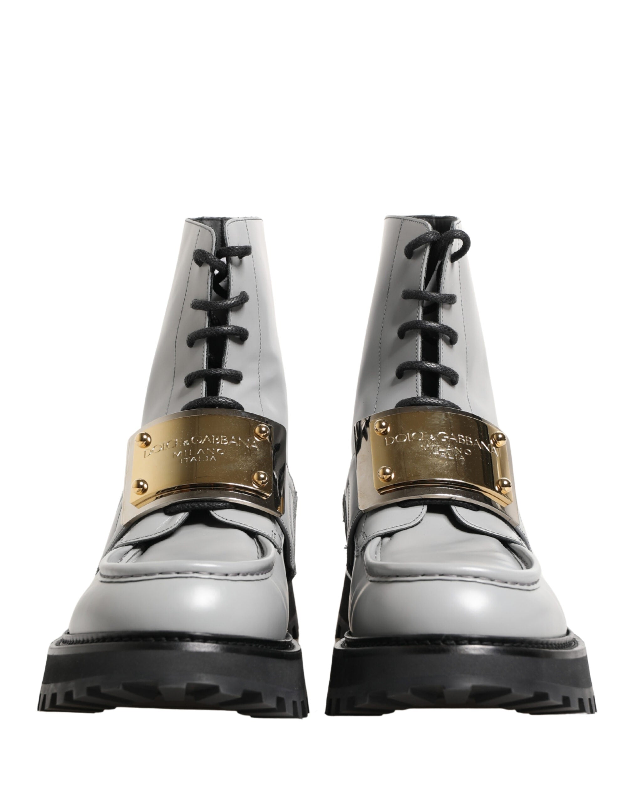 Dolce & Gabbana Graue Leder-Ankle-Boots mit Logo-Plakette