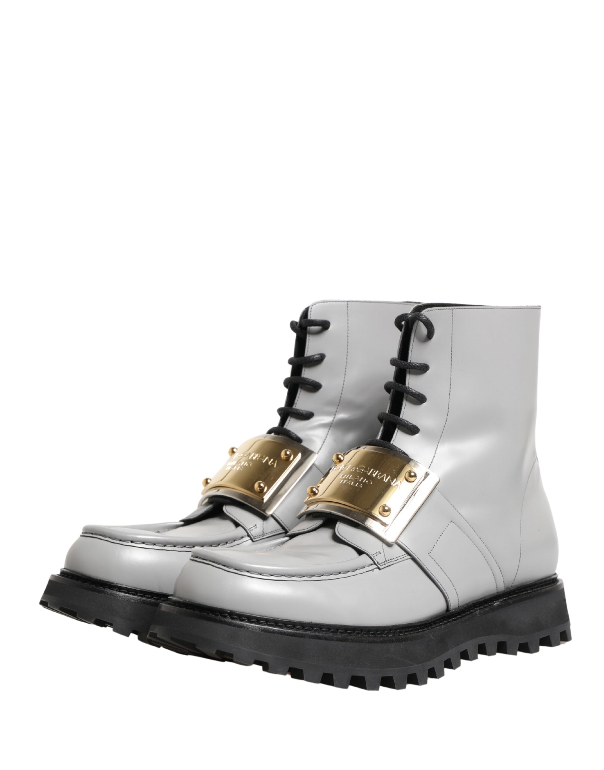 Dolce & Gabbana Graue Leder-Ankle-Boots mit Logo-Plakette