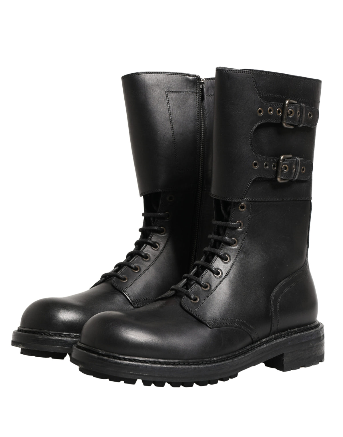Dolce & Gabbana Schwarze Leder-Schnürstiefel mit Gürtelschnalle