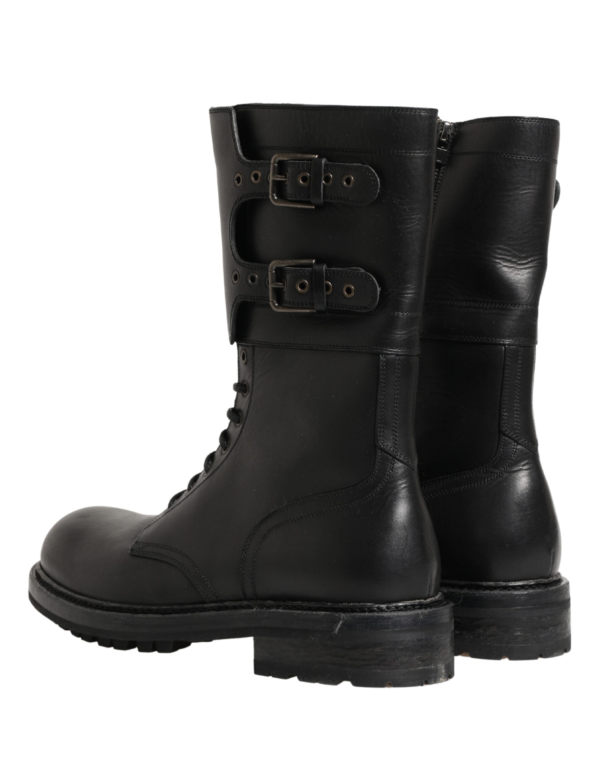 Dolce & Gabbana Schwarze Leder-Schnürstiefel mit Gürtelschnalle