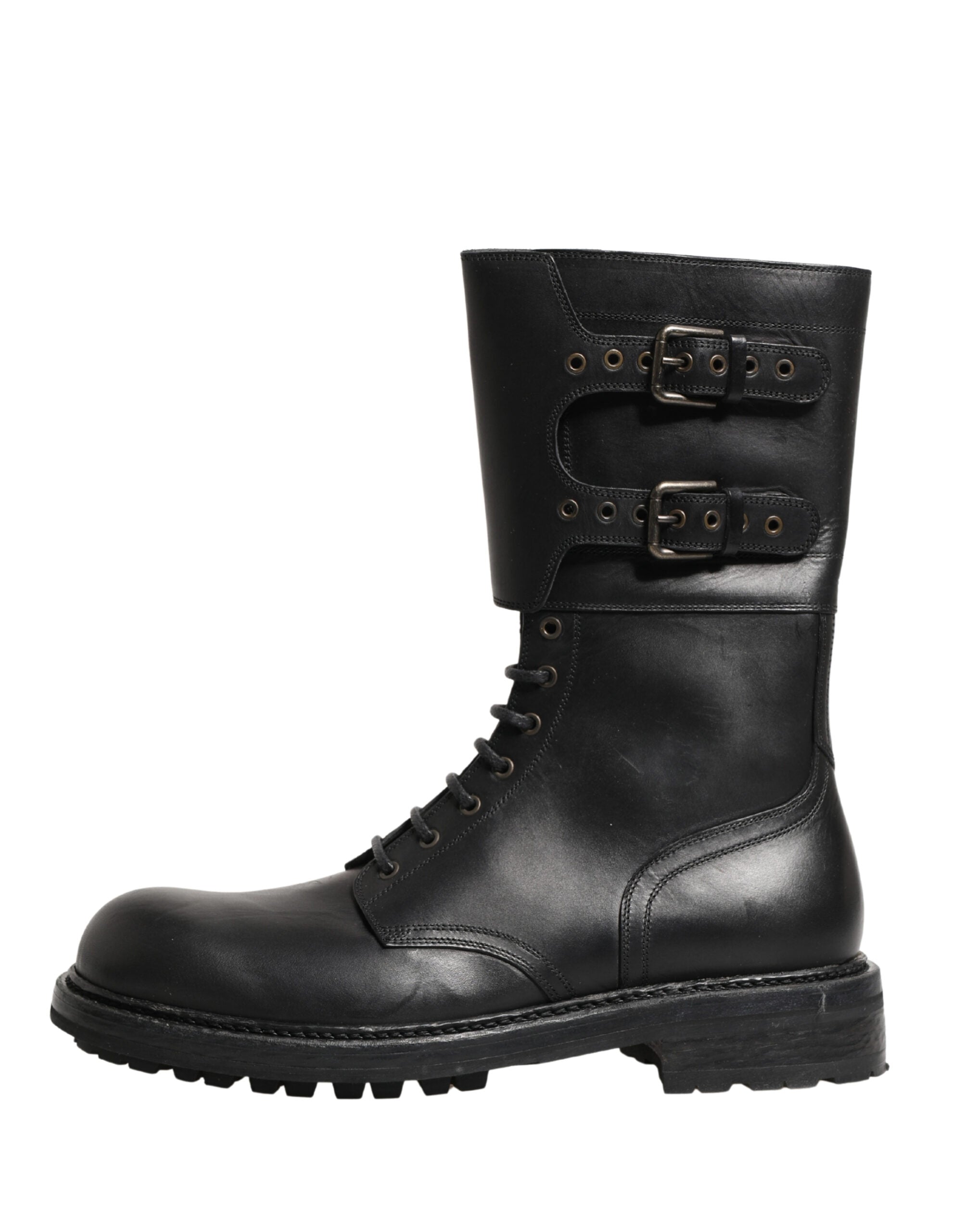 Dolce & Gabbana Schwarze Leder-Schnürstiefel mit Gürtelschnalle