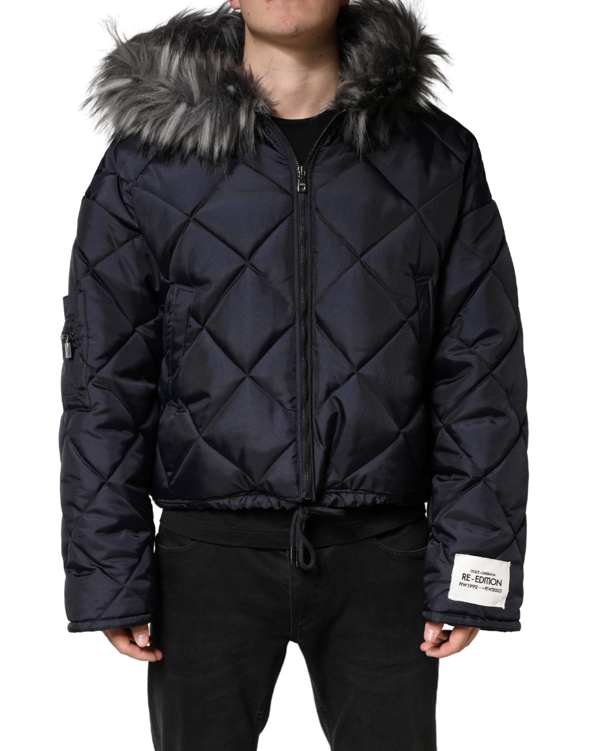Dolce & Gabbana Schwarze gesteppte Kapuzenjacke aus Lammfell