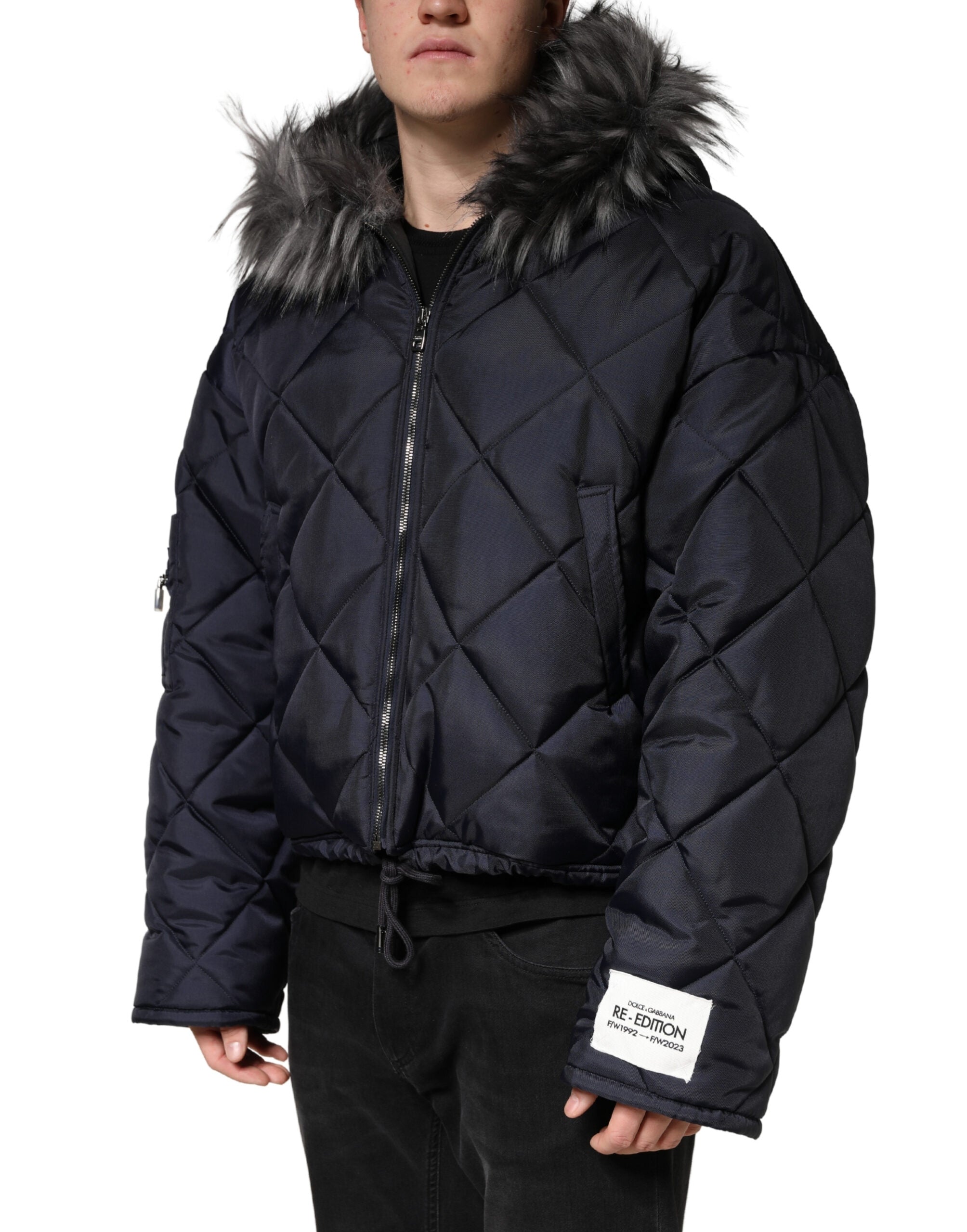 Dolce & Gabbana Schwarze gesteppte Kapuzenjacke aus Lammfell
