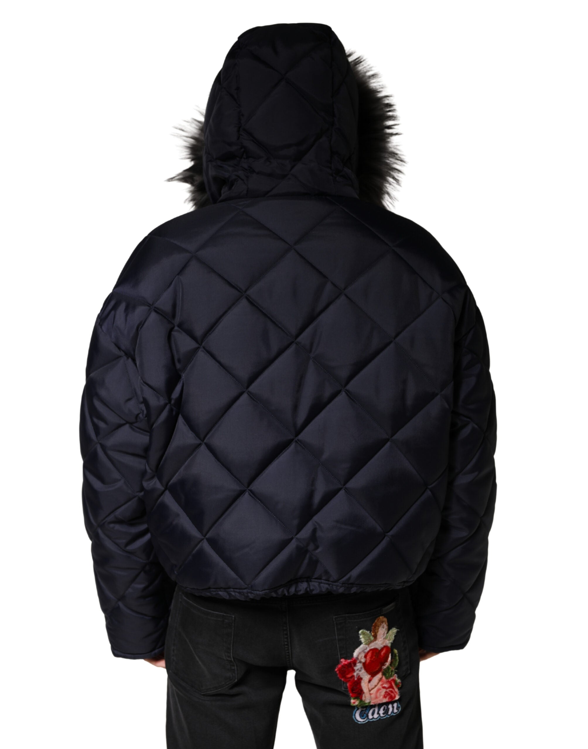 Dolce & Gabbana Schwarze gesteppte Kapuzenjacke aus Lammfell
