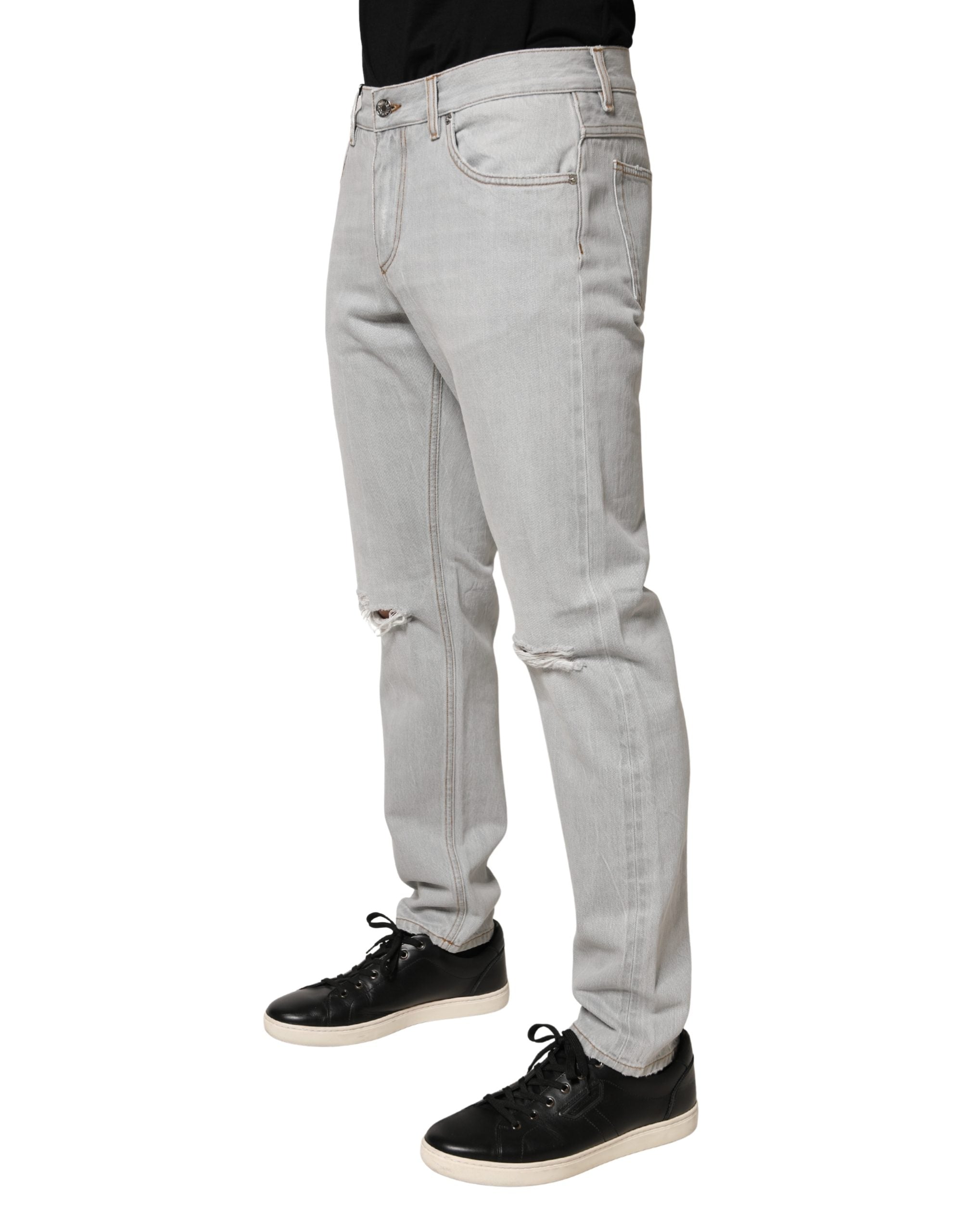 Dolce & Gabbana Hellgraue Ripped Baumwoll-Jeans im Regular Fit
