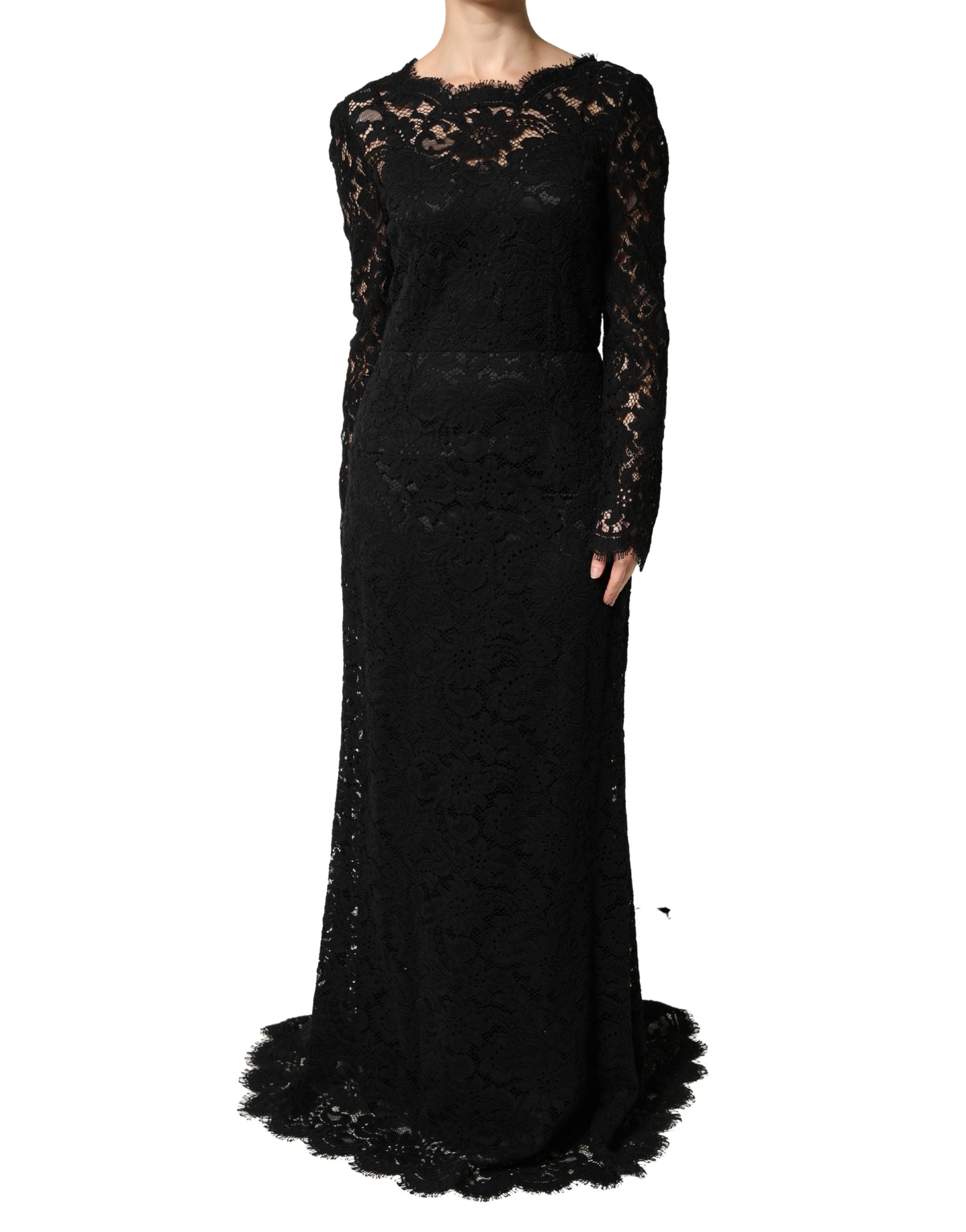 Dolce & Gabbana Schwarzes Maxikleid aus Baumwolle mit Spitzenbesatz und langen Ärmeln