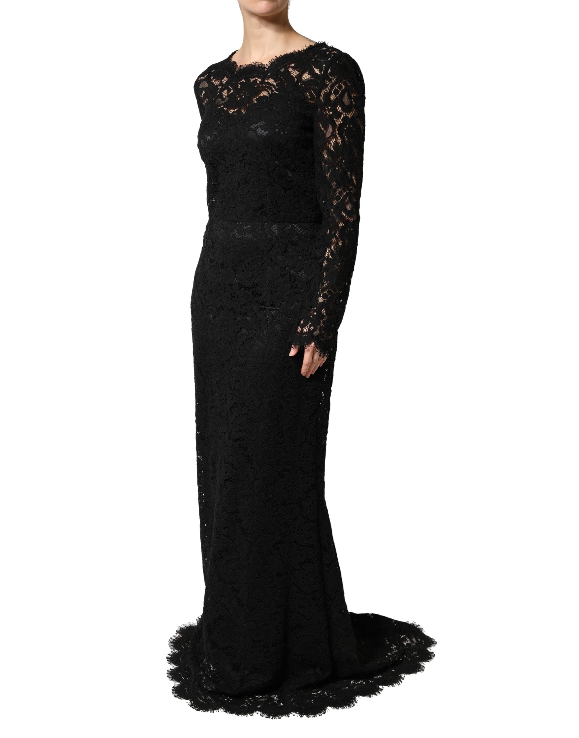 Dolce & Gabbana Schwarzes Maxikleid aus Baumwolle mit Spitzenbesatz und langen Ärmeln