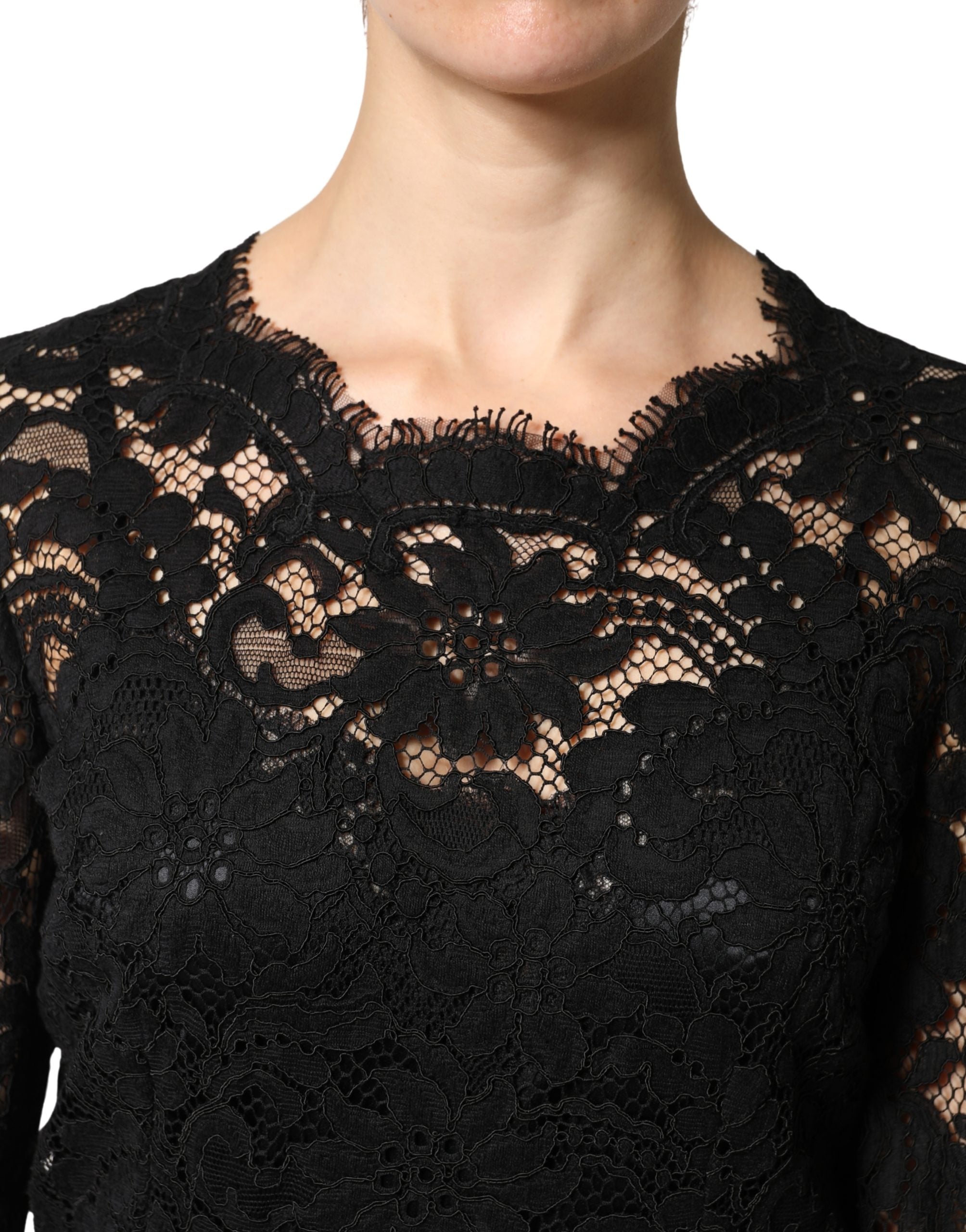 Dolce & Gabbana Schwarzes Maxikleid aus Baumwolle mit Spitzenbesatz und langen Ärmeln