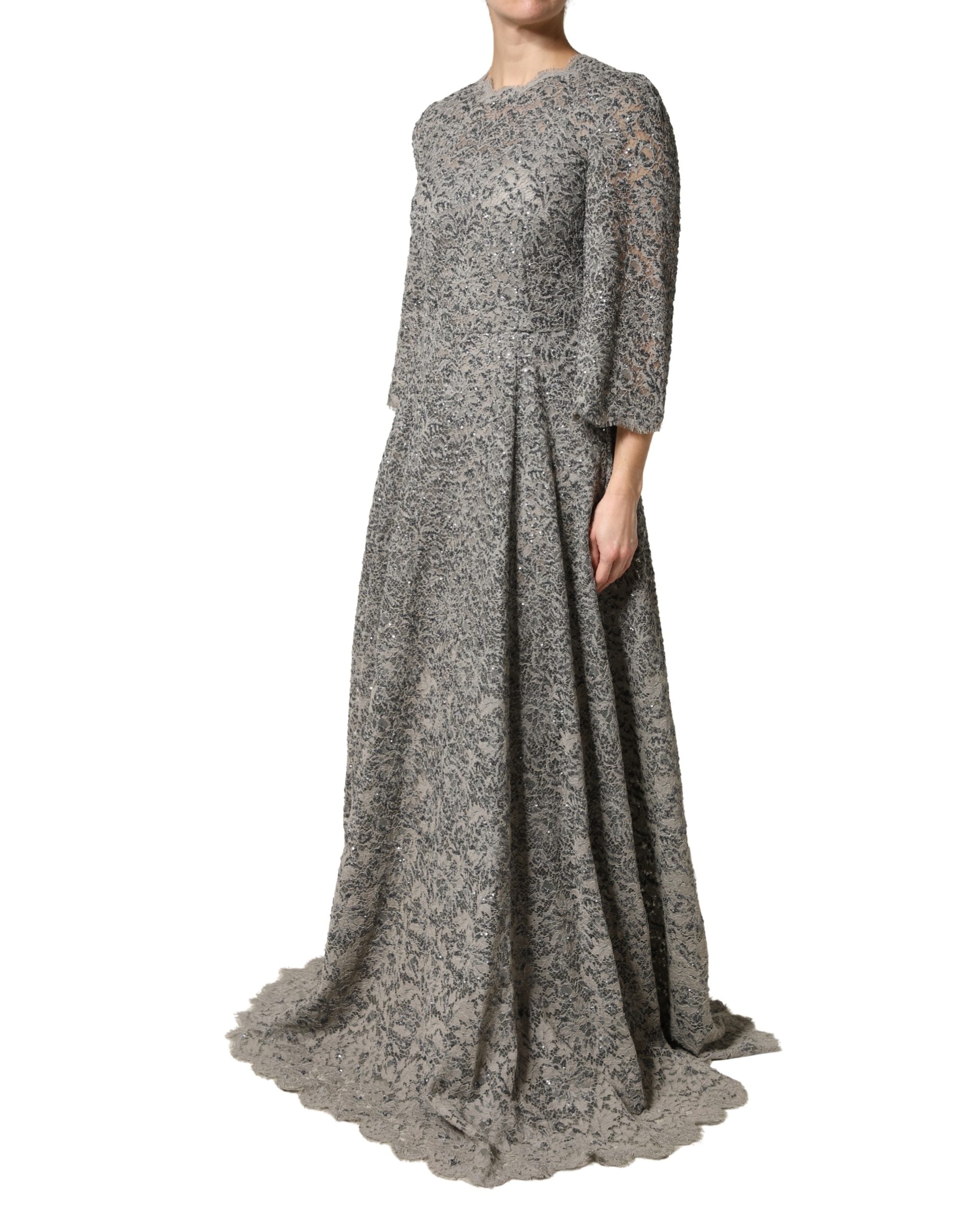 Dolce & Gabbana Graues Maxikleid aus Baumwolle mit Spitzenbesatz und langen Ärmeln