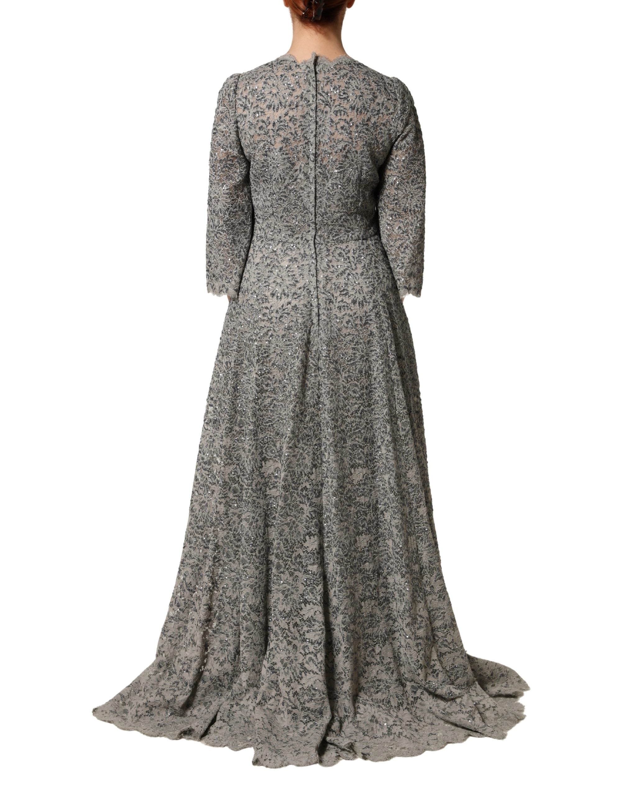 Dolce & Gabbana Graues Maxikleid aus Baumwolle mit Spitzenbesatz und langen Ärmeln