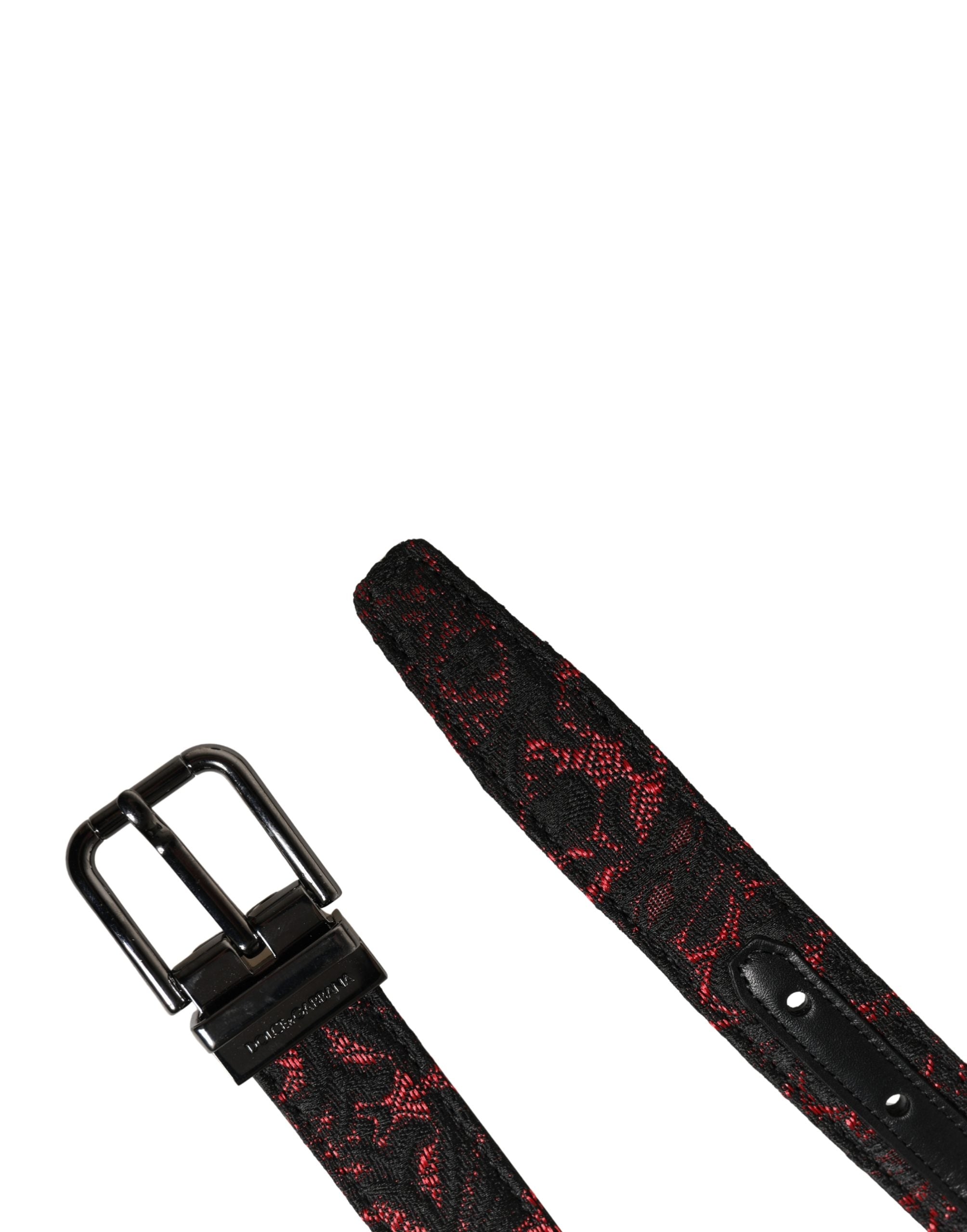 Dolce & Gabbana Schwarzer Gürtel aus Polyester mit silberner Metallschnalle und roten Akzenten