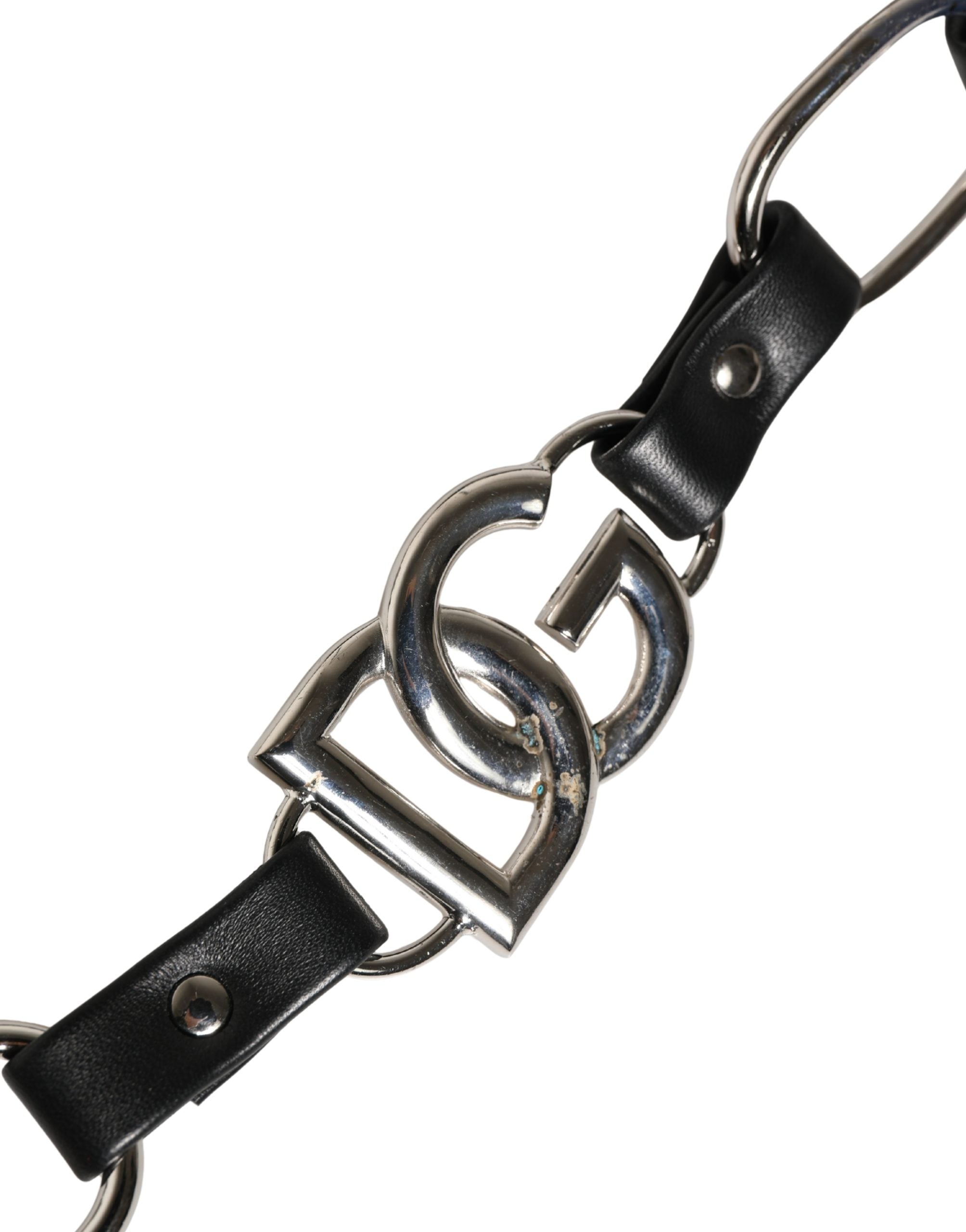 Dolce & Gabbana Schwarzer Leder-Schultergurt mit silberner Kette