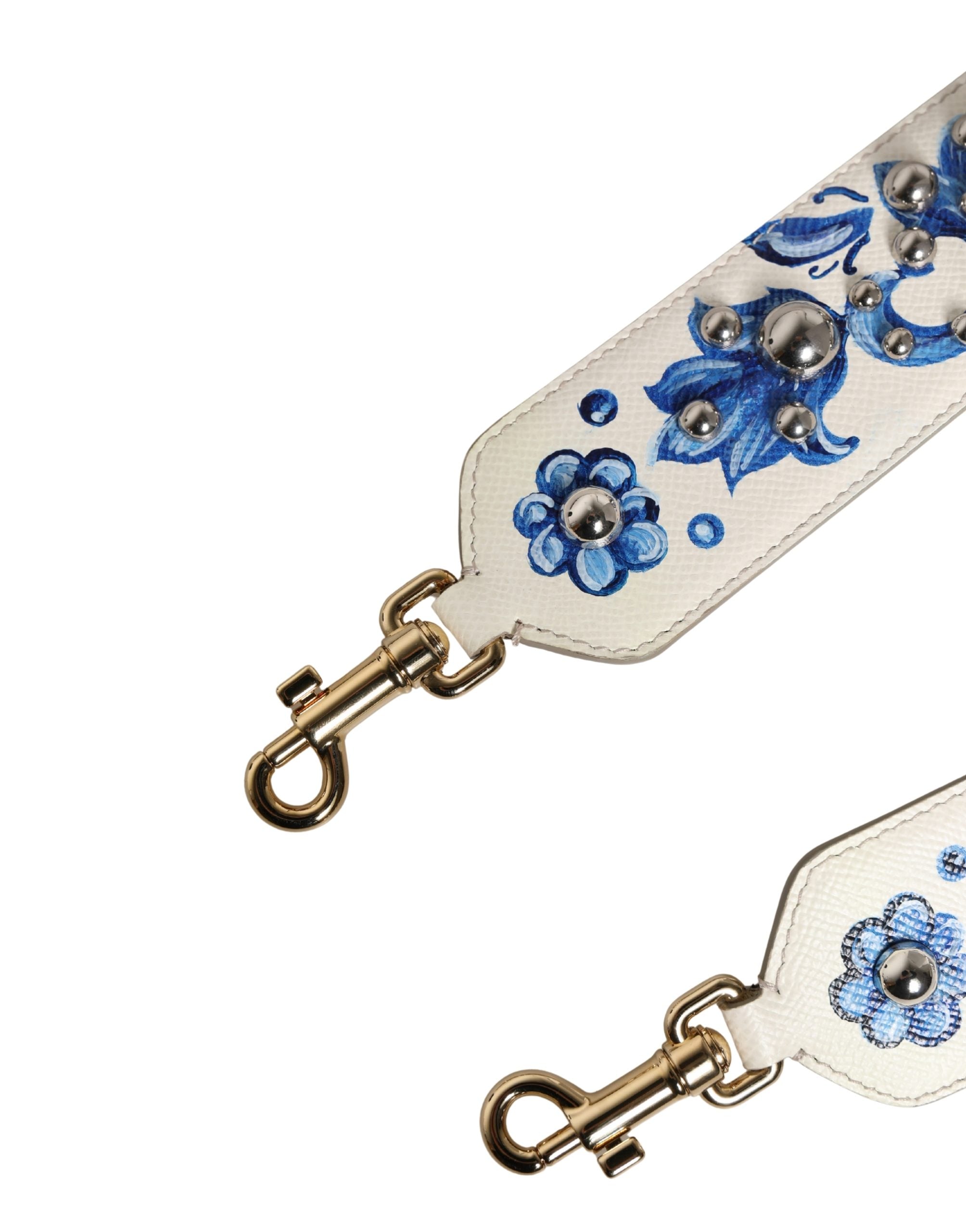 Dolce & Gabbana Schulterriemen aus weißem Leder mit blauem Blumenmuster und Nieten