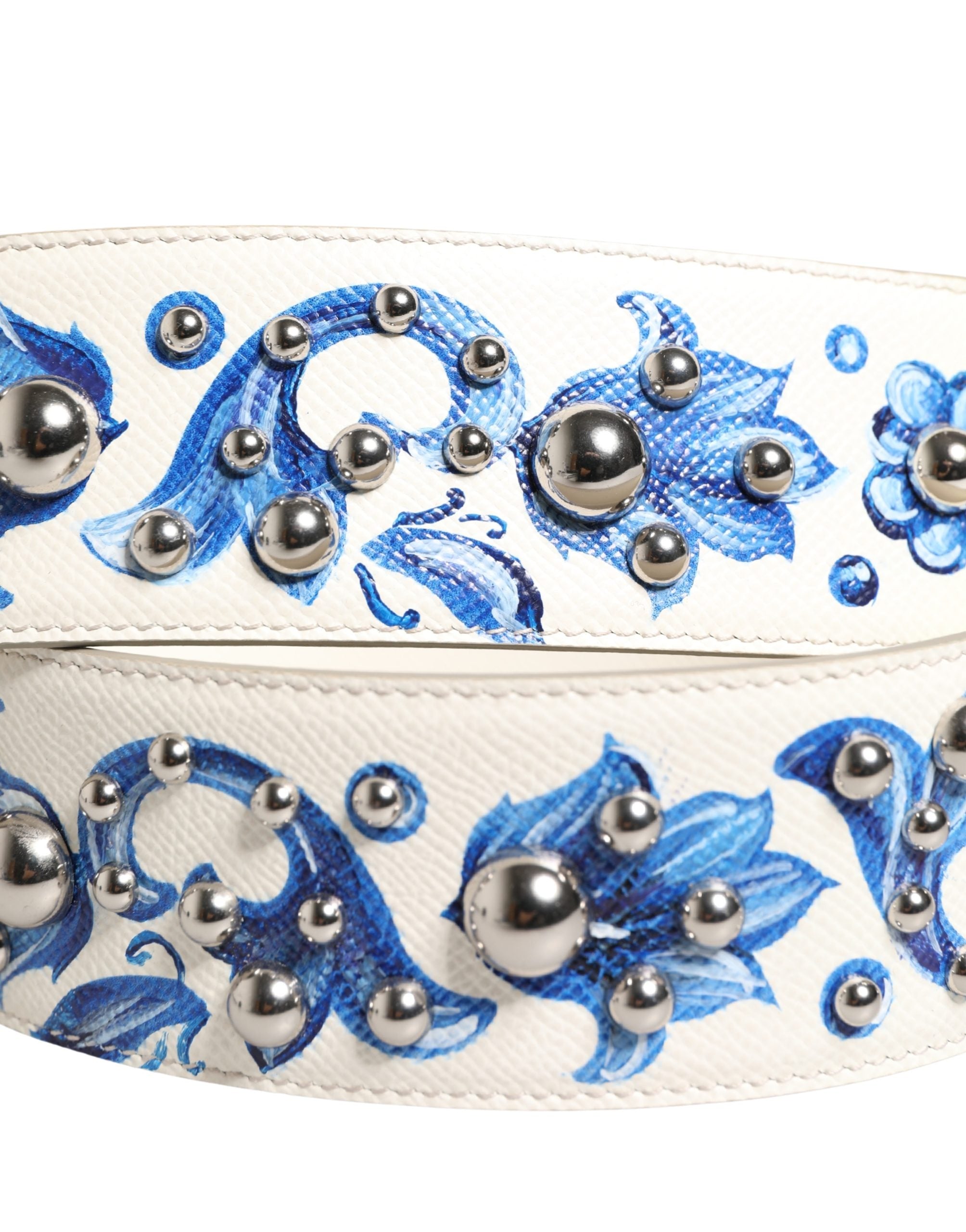 Dolce & Gabbana Schulterriemen aus weißem Leder mit blauem Blumenmuster und Nieten