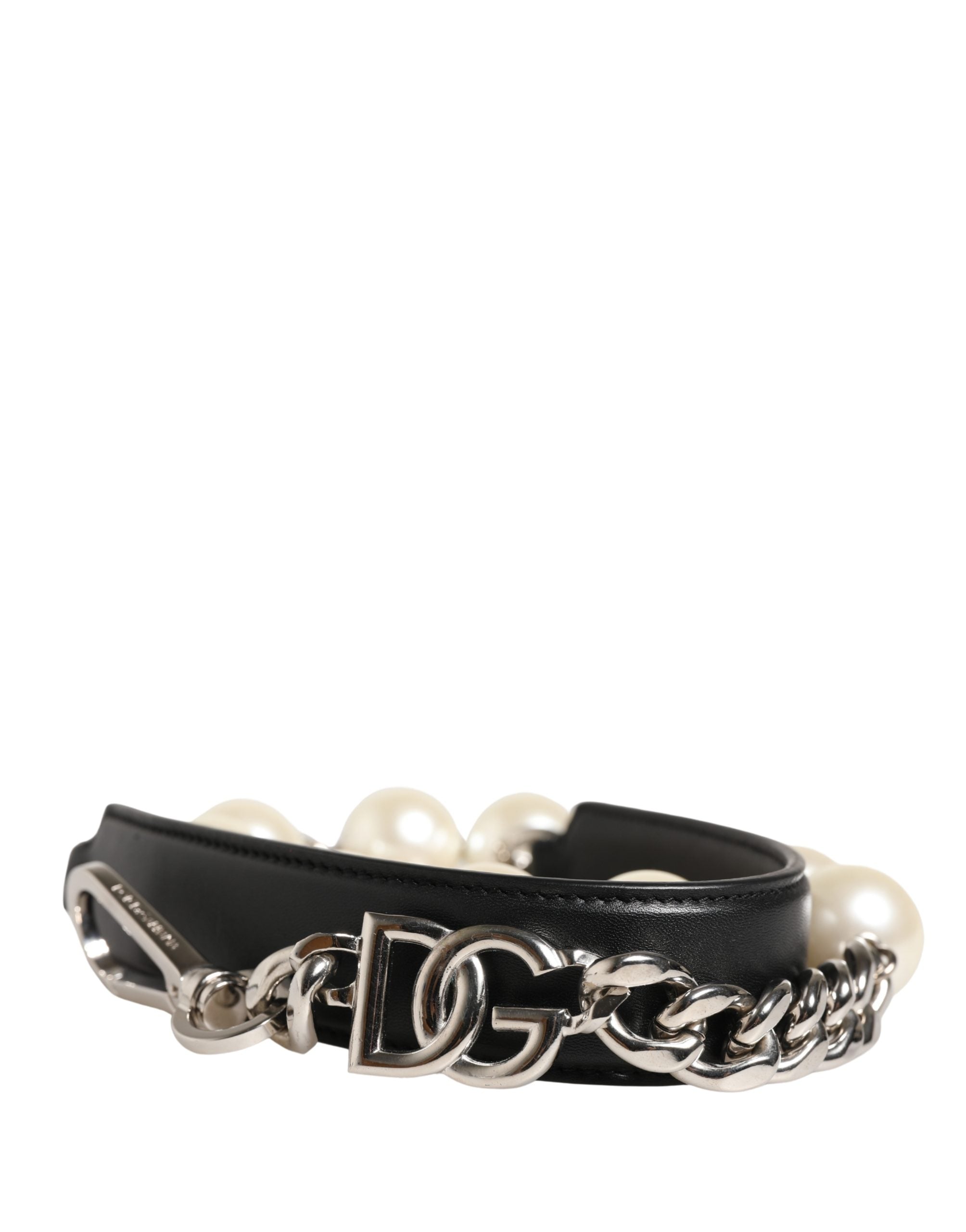 Dolce & Gabbana Schwarzer Leder-Schultergurt mit silberner Kette