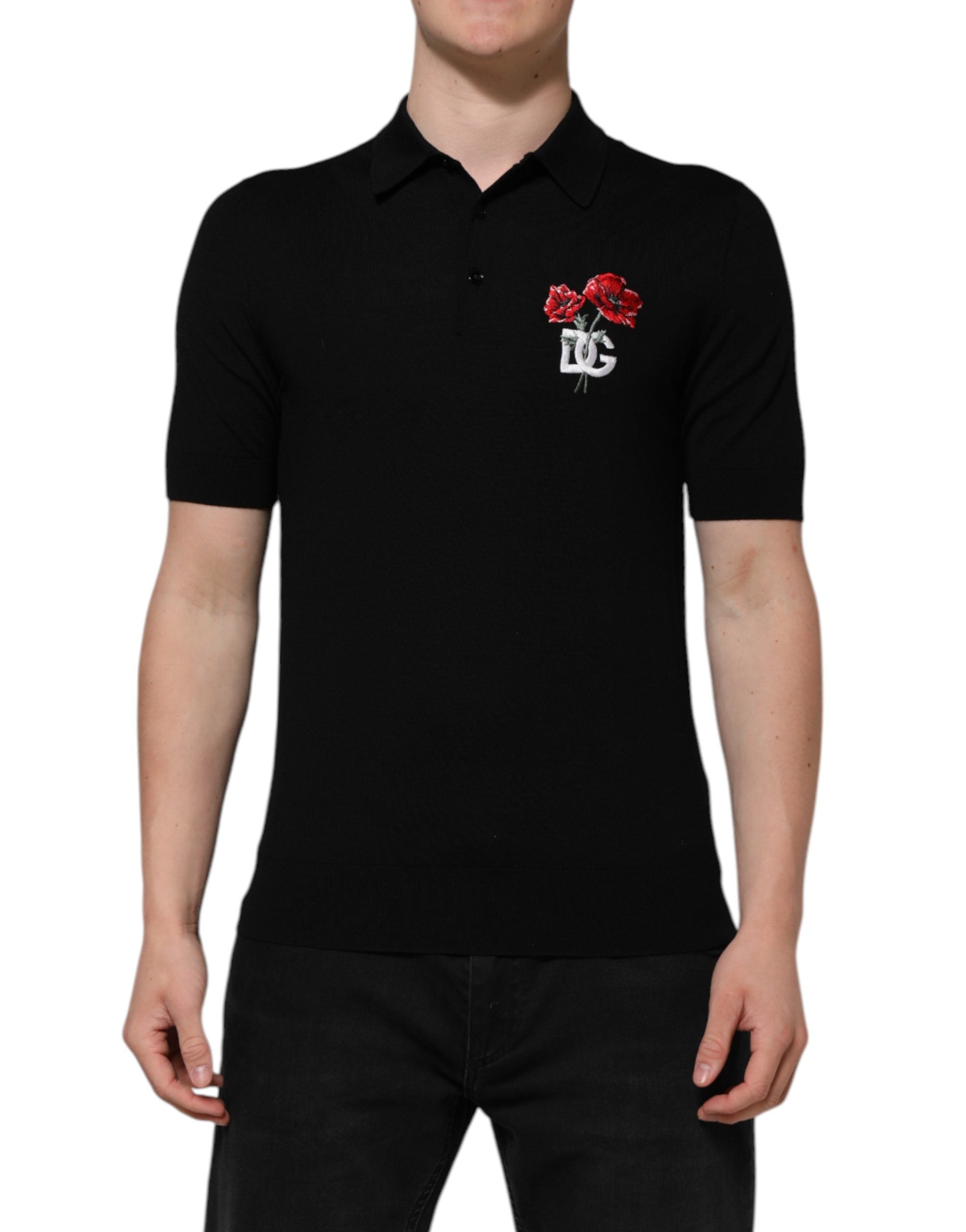 Dolce & Gabbana Schwarzes Woll-T-Shirt mit Blumen-Logo und kurzen Ärmeln