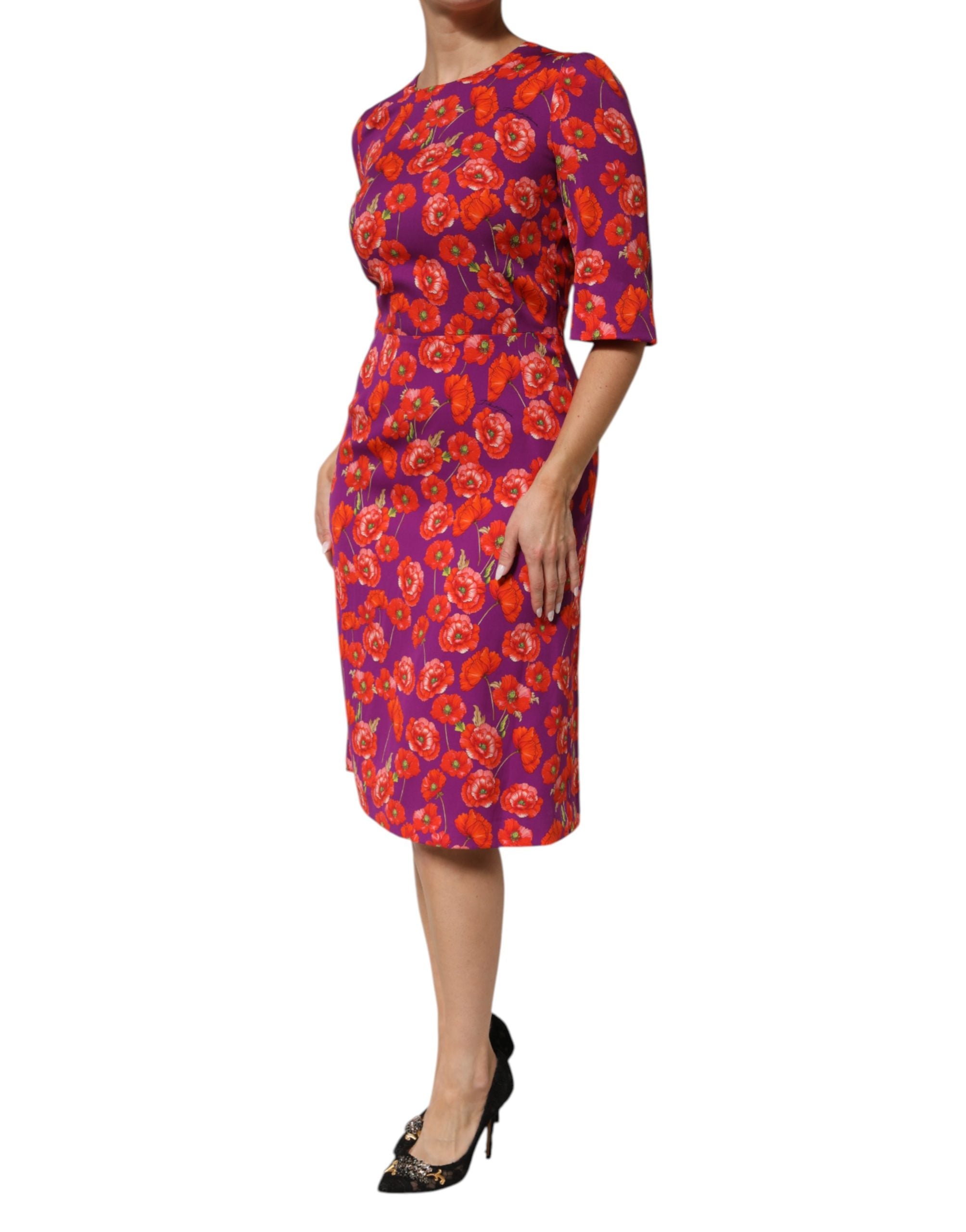 Dolce & Gabbana Lila Seidenkleid mit Blumenprint, Midi-Länge