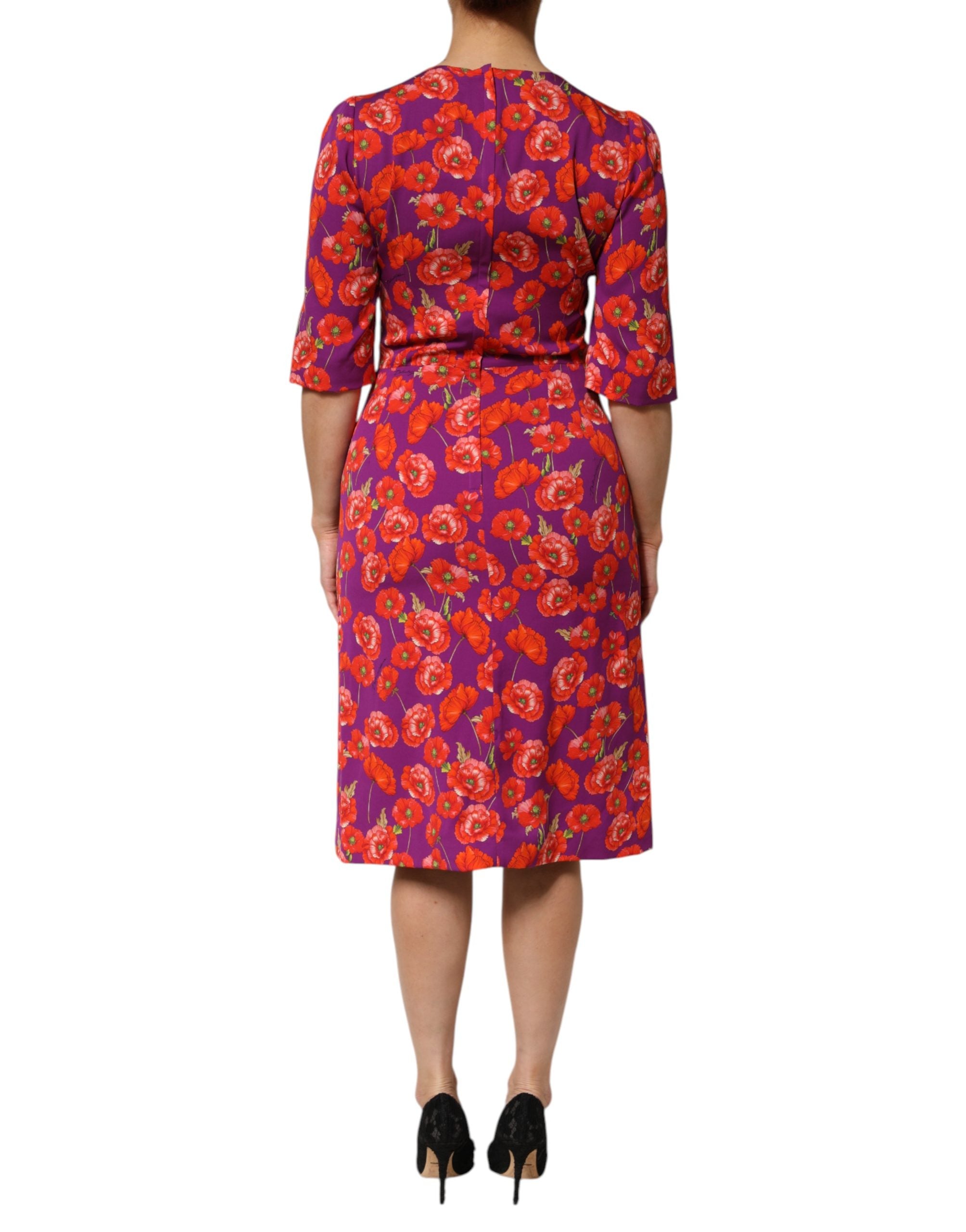 Dolce & Gabbana Lila Seidenkleid mit Blumenprint, Midi-Länge